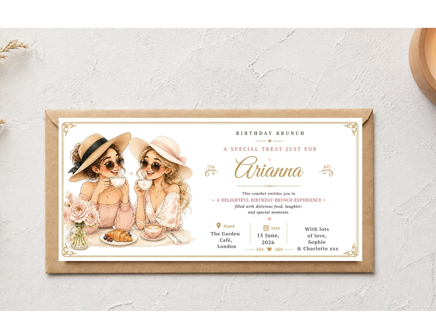 Personalised Birthday Brunch Voucher Card – Girls Café Illustration Invitation