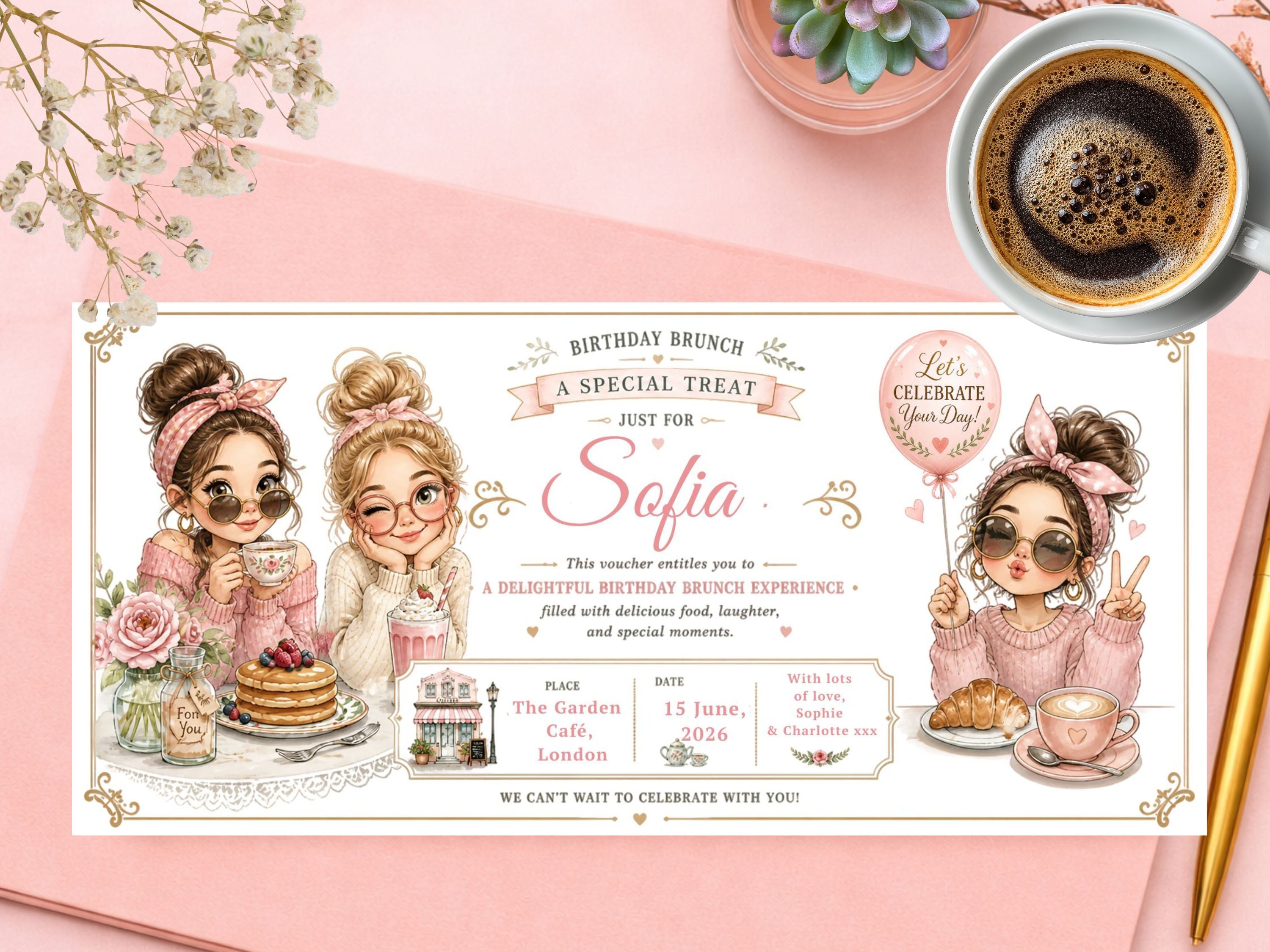 Personalised Birthday Brunch Voucher Card – Cute Girls Brunch Invitation