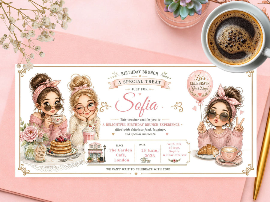 Personalised Birthday Brunch Voucher Card – Cute Girls Brunch Invitation