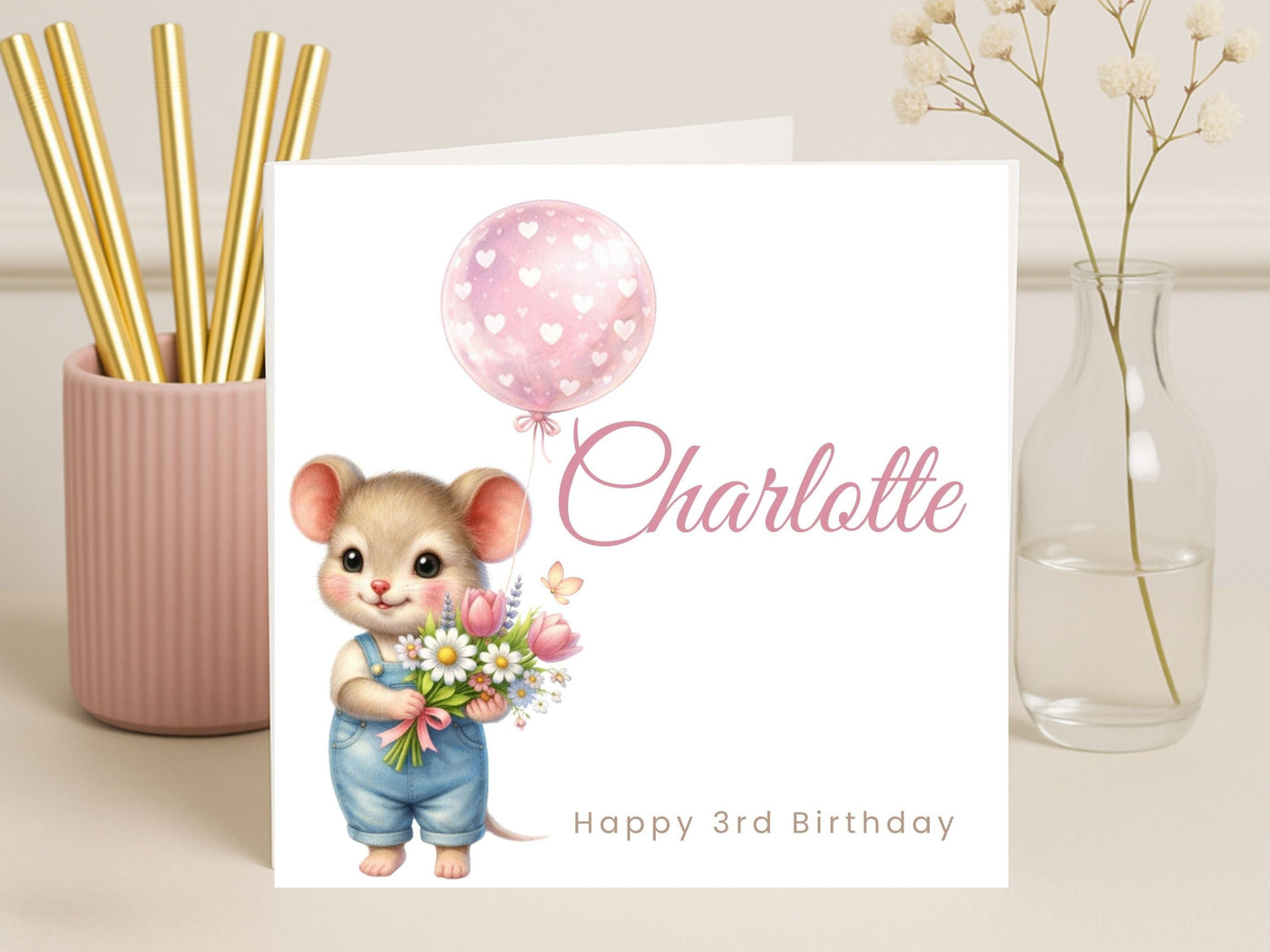 Personalised Birthday Card for Children (Ages 1–9) – Cute Mouse Birthday Illustration