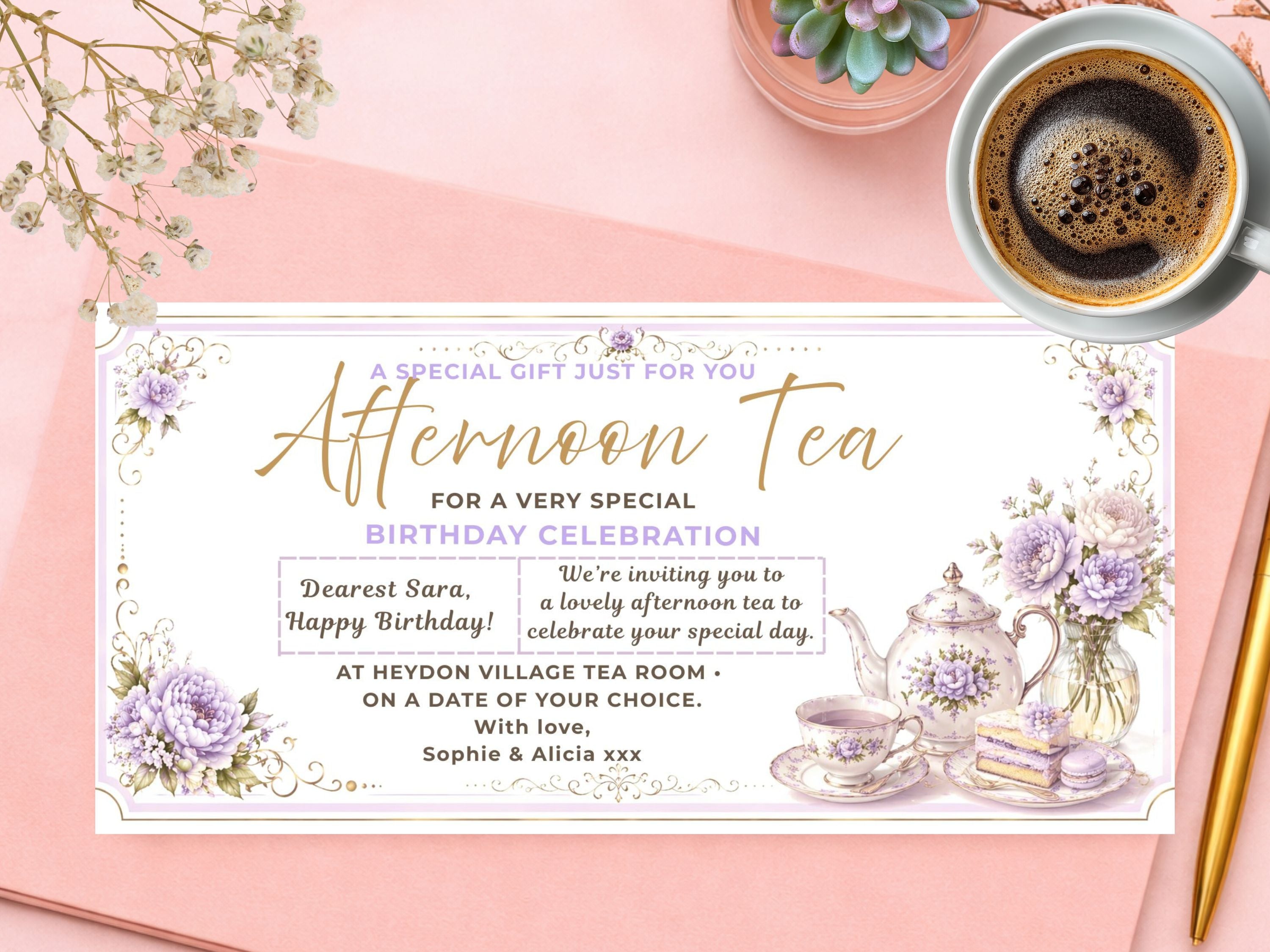 Personalised Afternoon Tea Birthday Voucher Card – Floral Design (Physical Card)