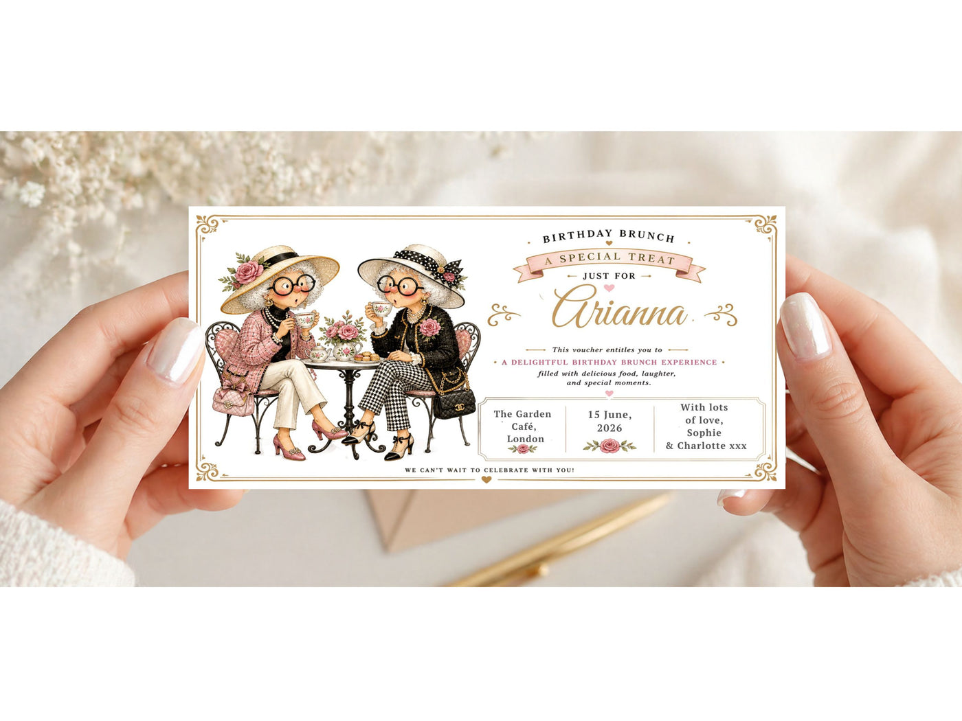Personalised Birthday Brunch Voucher Card – Vintage Ladies Tea Party Design