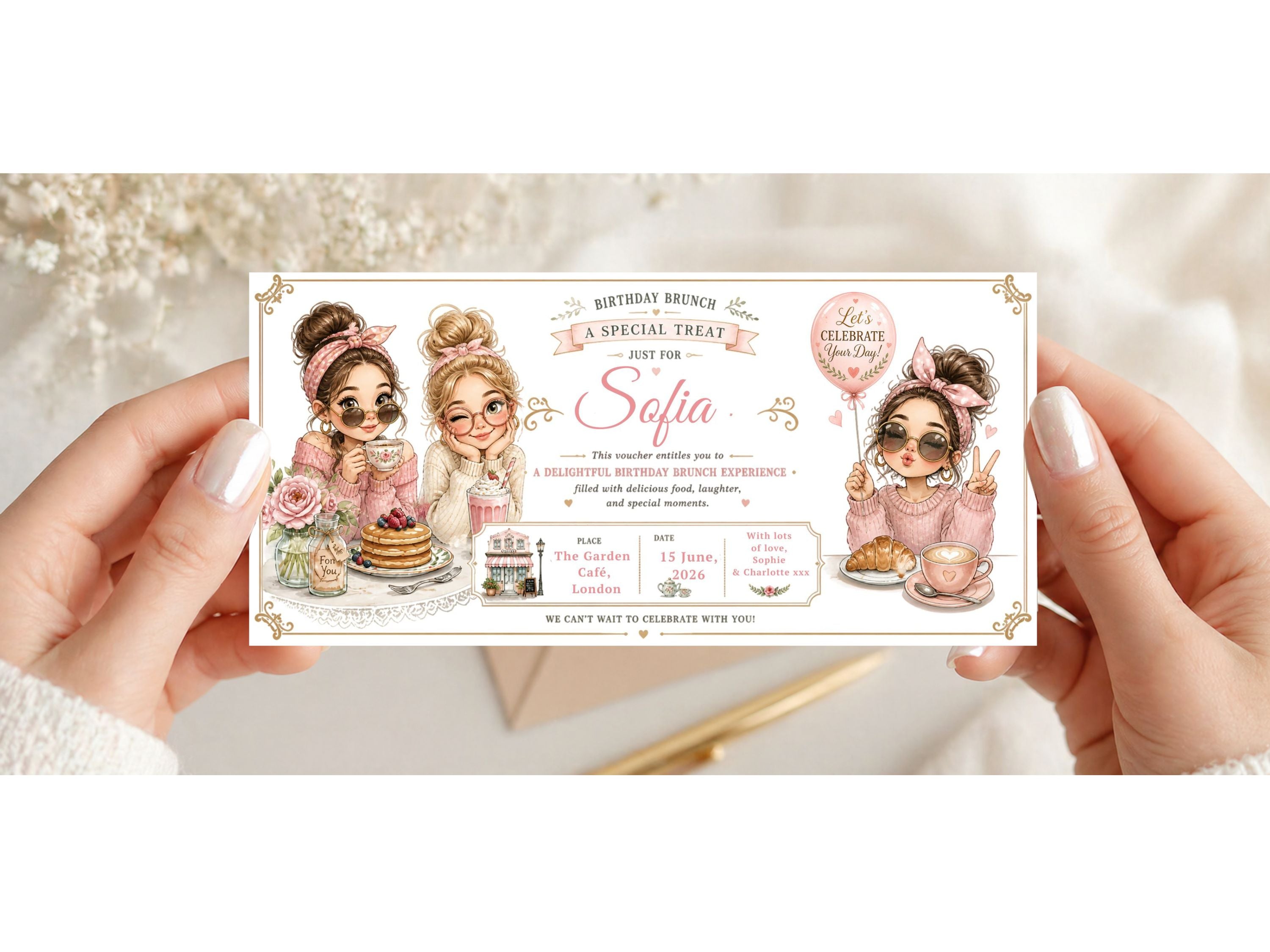 Personalised Birthday Brunch Voucher Card – Cute Girls Brunch Invitation