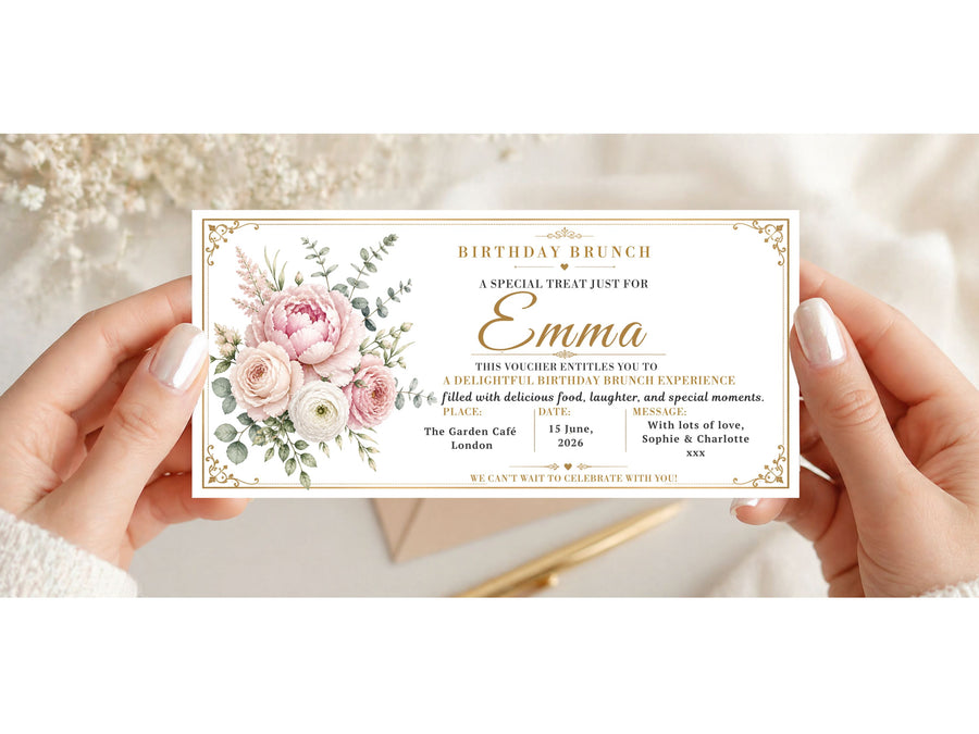 Personalised Birthday Brunch Voucher – Elegant Floral Peony Gift Card