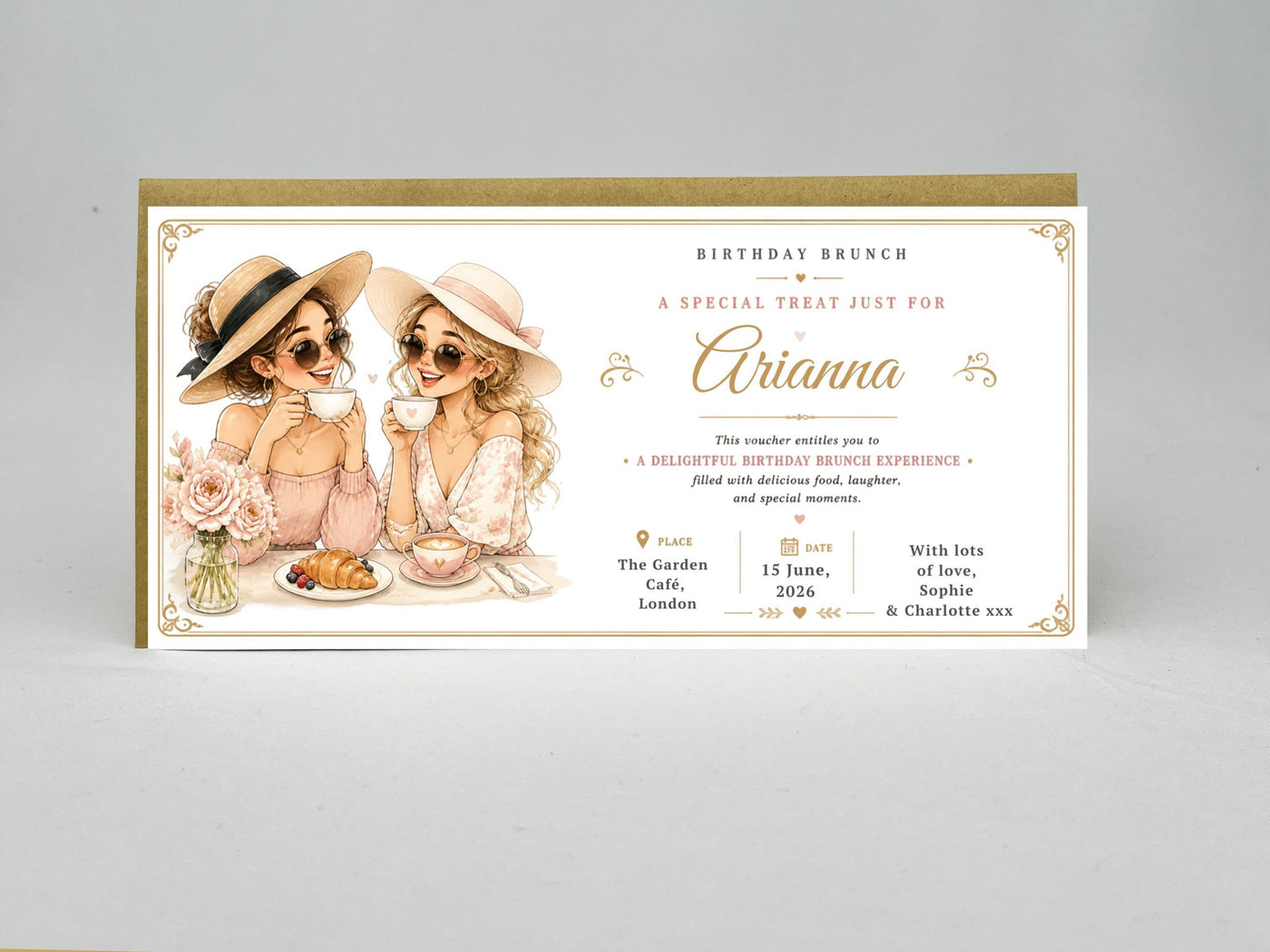 Personalised Birthday Brunch Voucher Card – Girls Café Illustration Invitation
