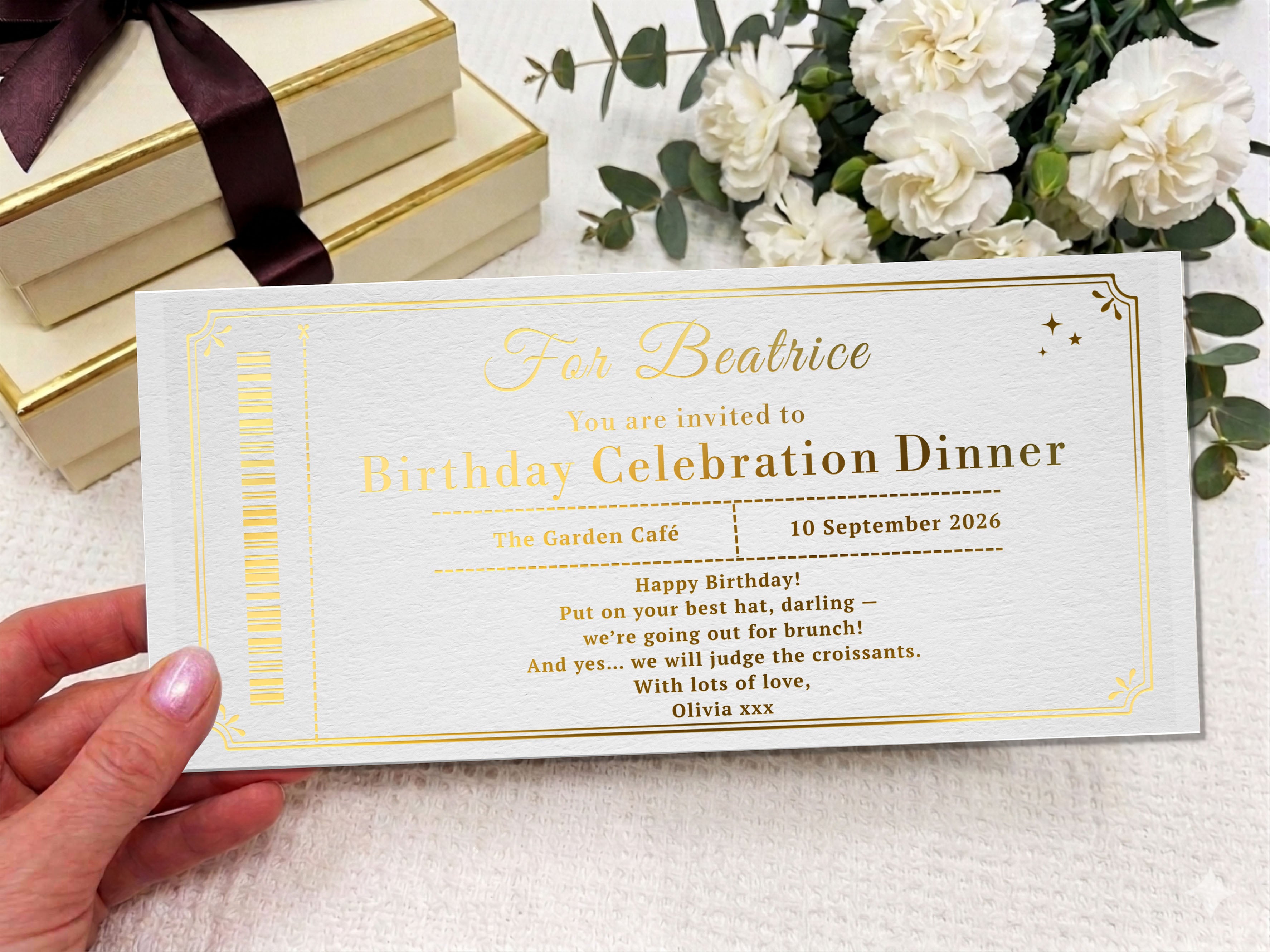 Personalised Birthday Dinner Voucher Card – Luxury Black Gold Printed Invitation UK