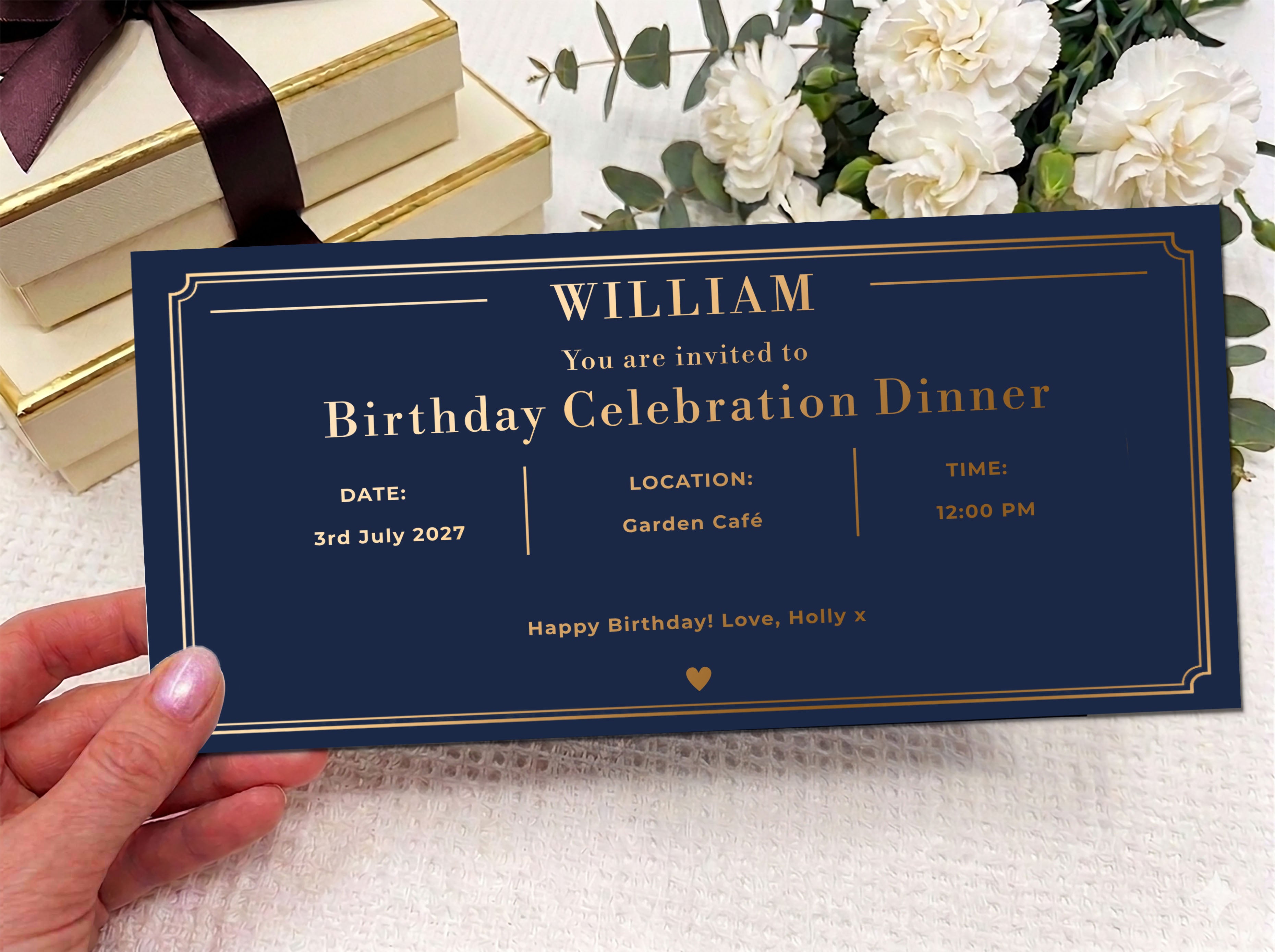 Personalised Birthday Dinner Invitation Card – Luxury Printed Voucher UK