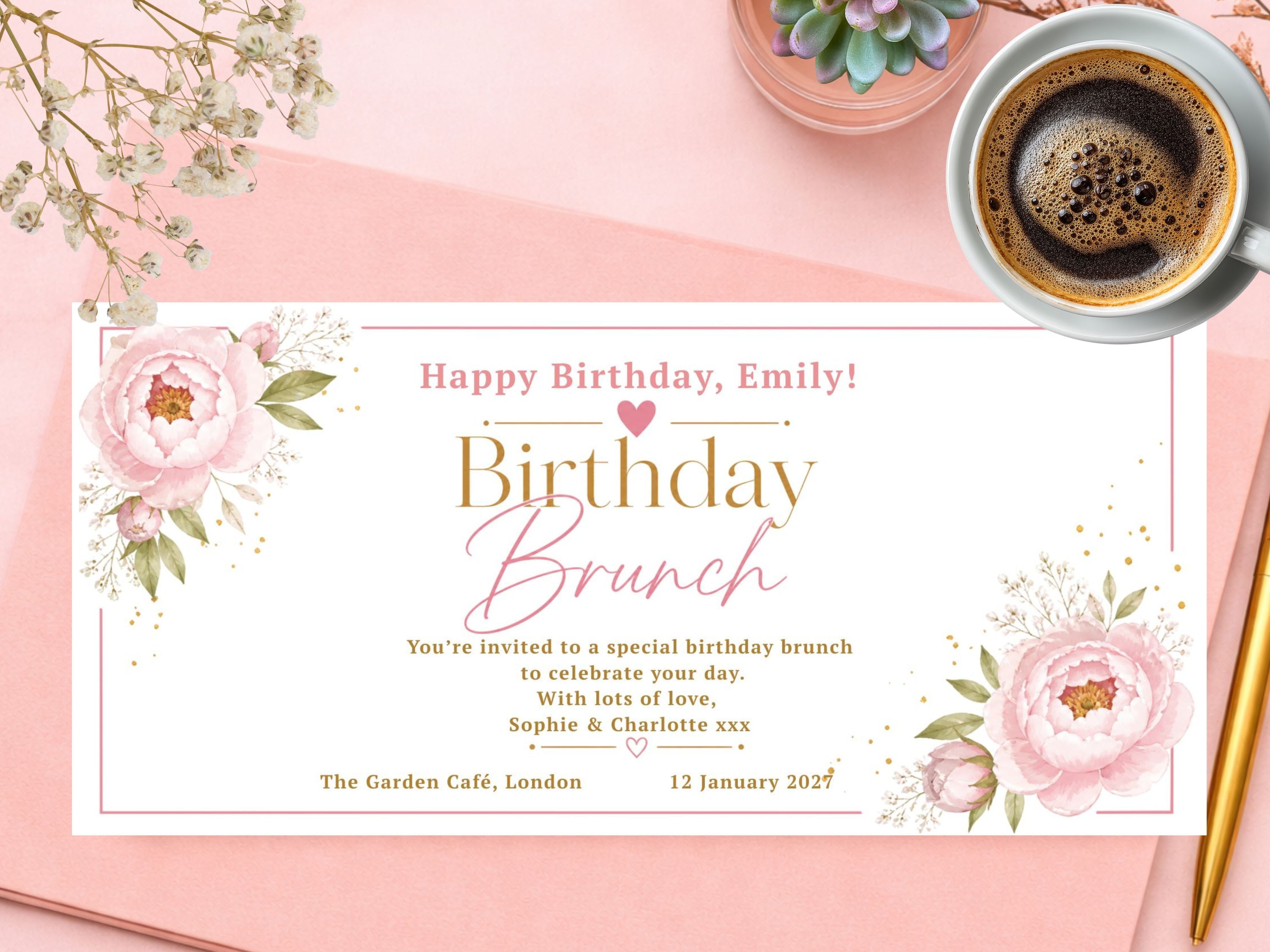 Personalised Birthday Brunch Card – Elegant Blush Pink Peony Floral Invitation