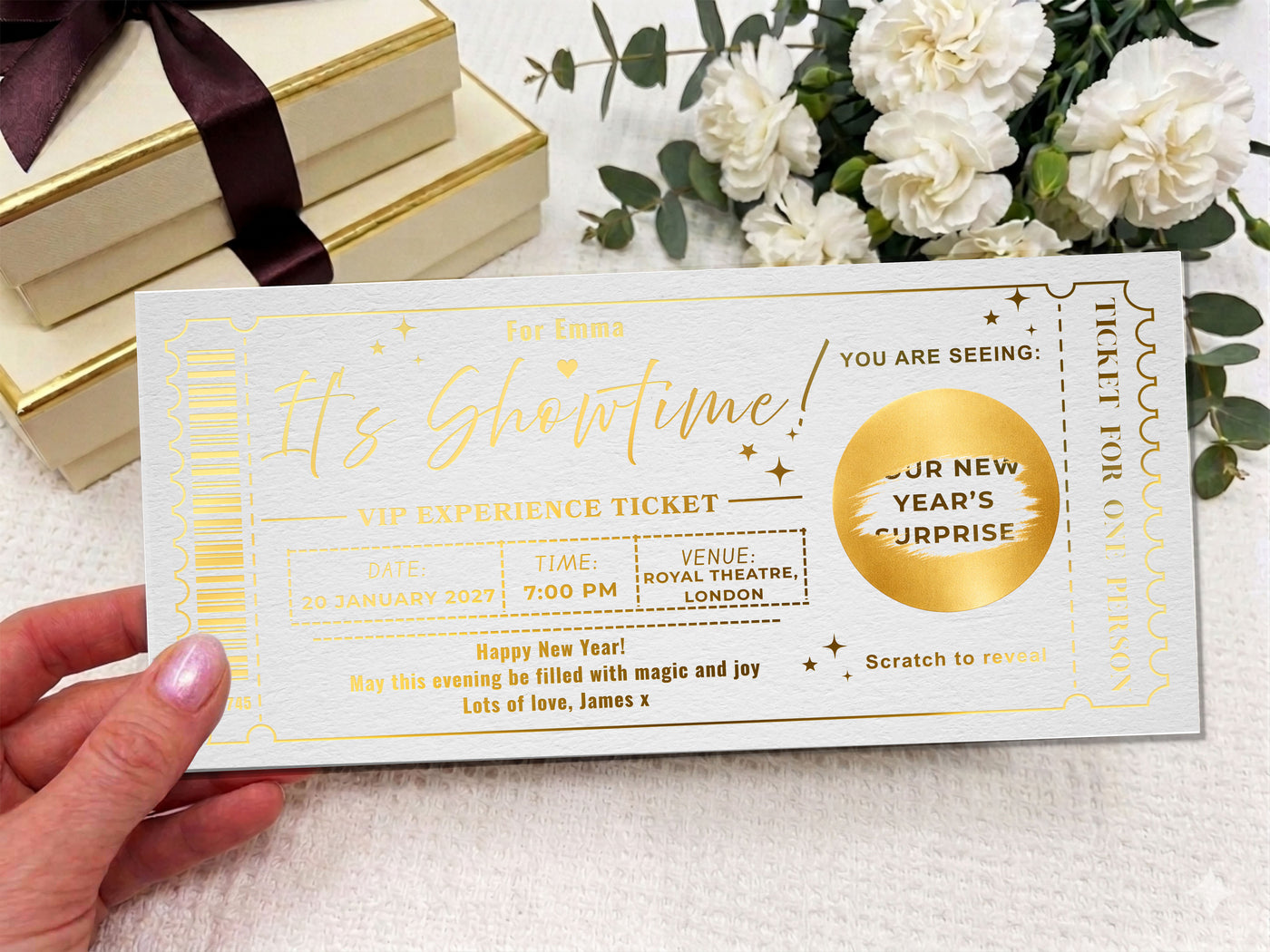 Personalised "It's Showtime" VIP Experience Ticket - Luxury Gold Scratch Reveal Event Voucher with Kraft Envelope
