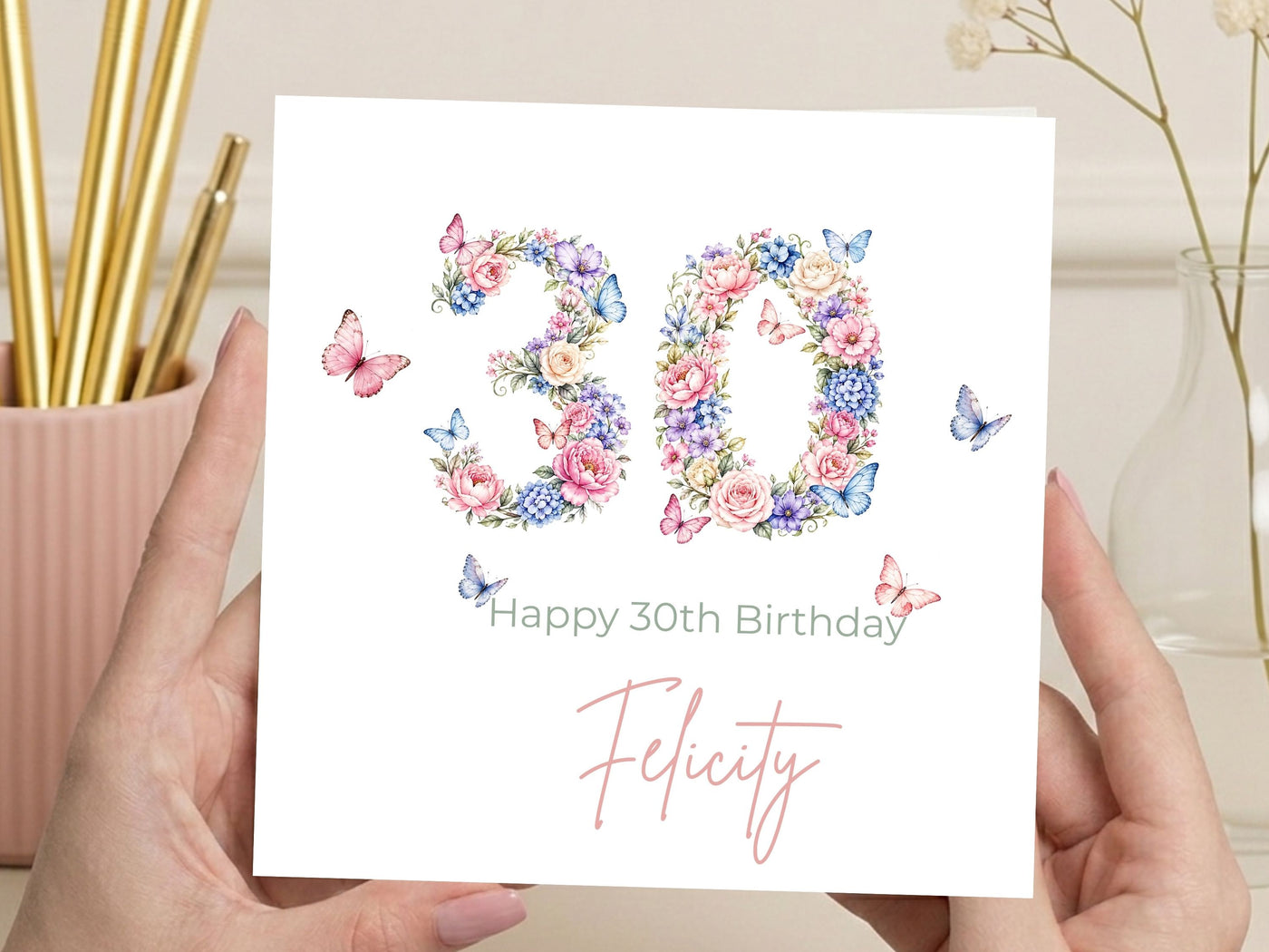 Personalised 30th Birthday Card for Her – Floral Number 30 with Butterflies, Custom Name Elegant Birthday Card