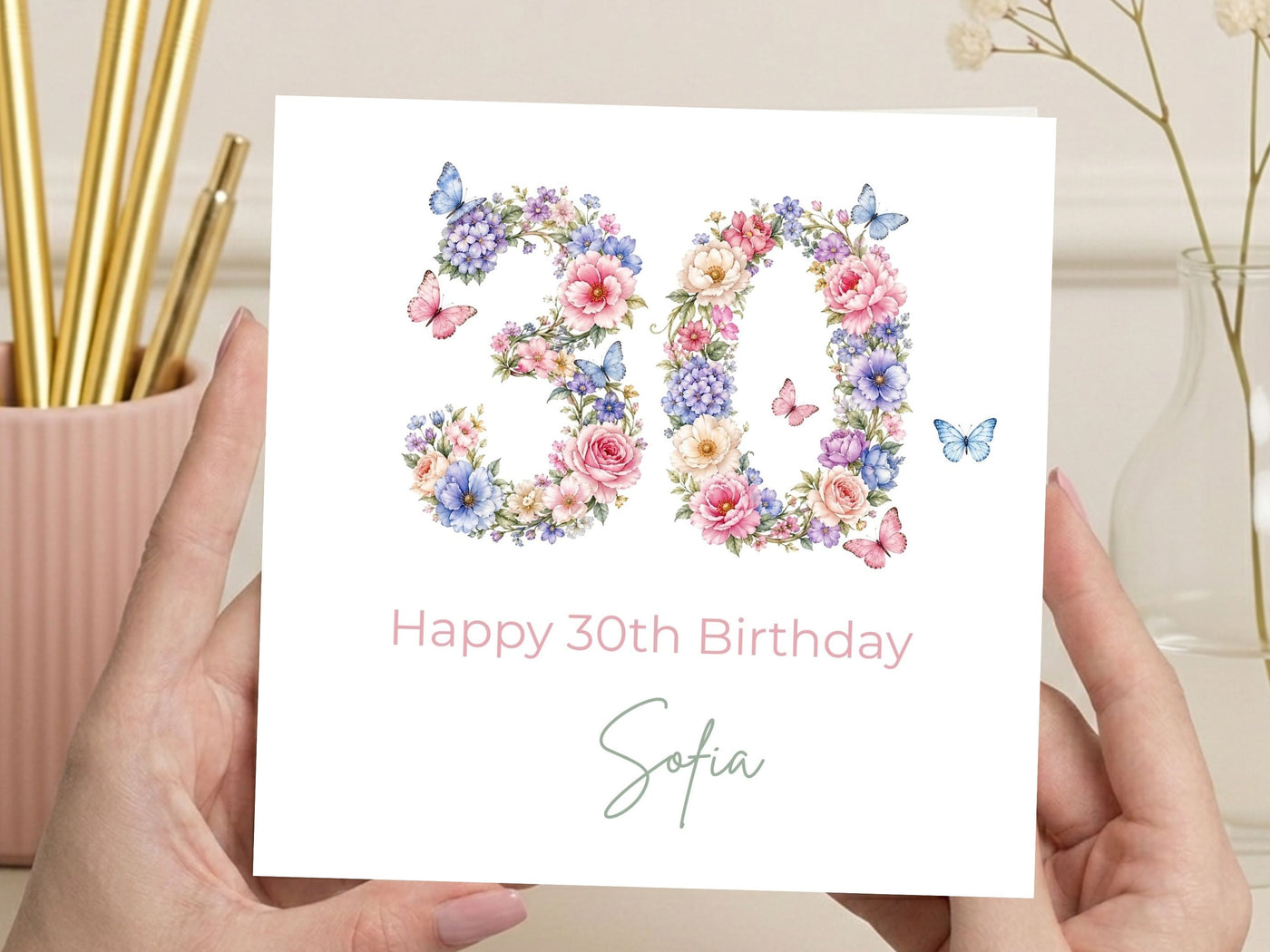 Personalised 30th Birthday Card for Her – Floral Number 30 Card with Butterflies, Custom Name Elegant Birthday Card
