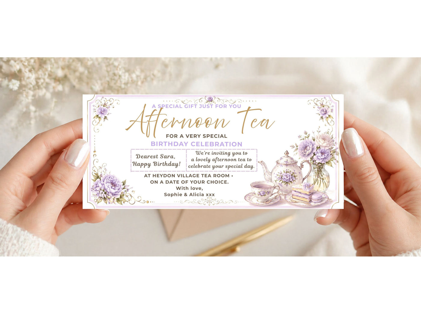 Personalised Afternoon Tea Birthday Voucher Card – Floral Design (Physical Card)