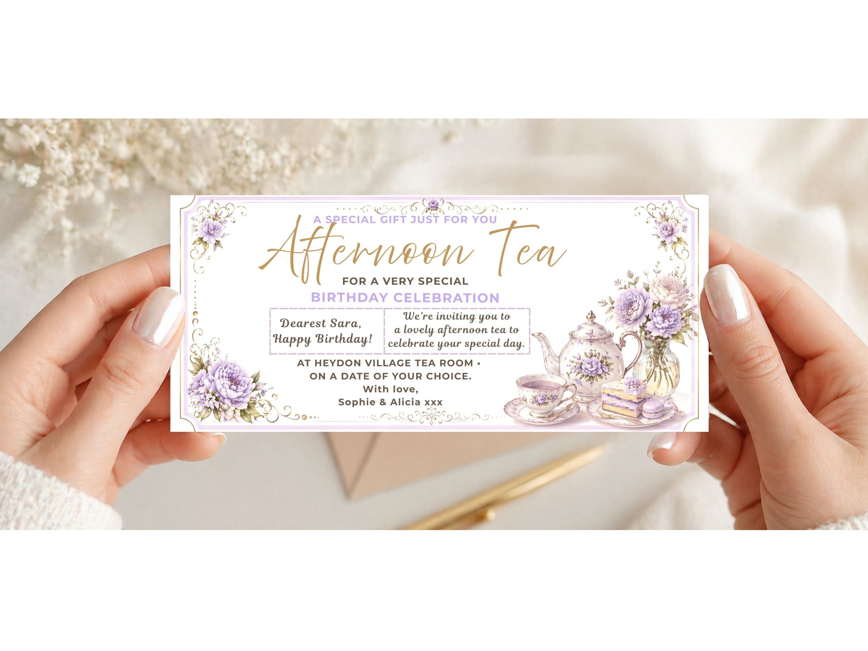 Personalised Afternoon Tea Birthday Voucher Card – Floral Design (Physical Card)