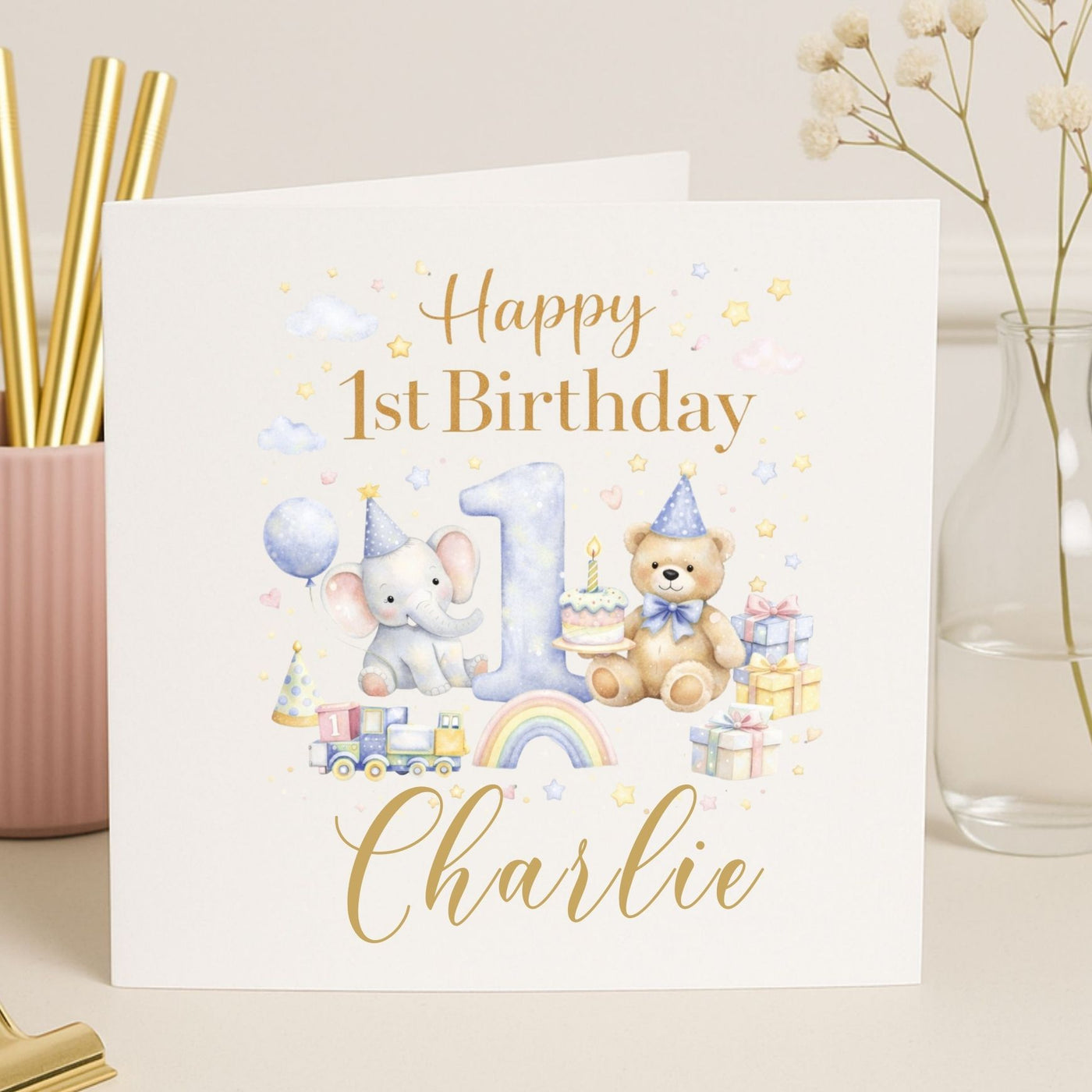 Personalized 1st Birthday Card with Teddy Bear & Elephant – Custom Name Baby Birthday Card