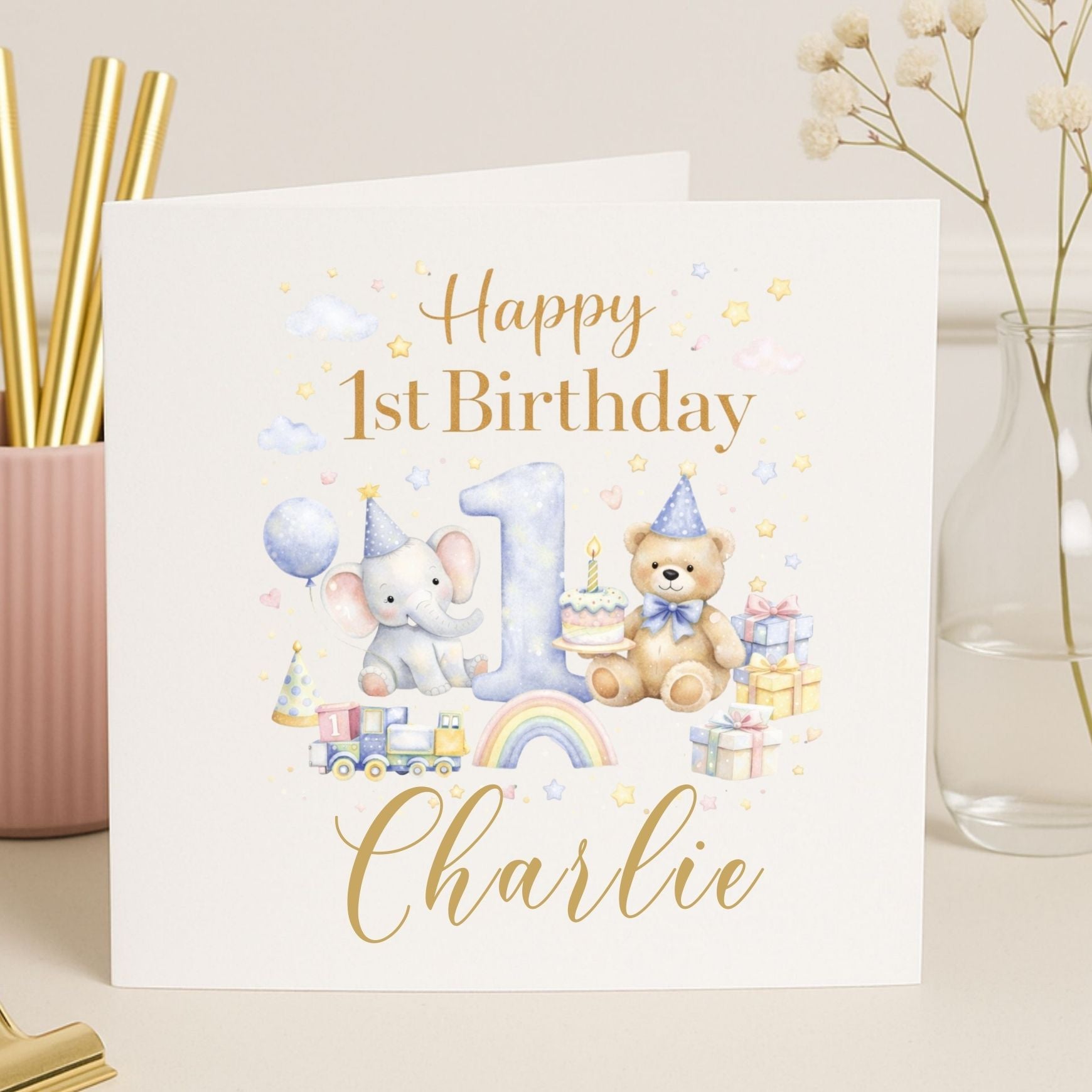 Personalized 1st Birthday Card with Teddy Bear & Elephant – Custom Name Baby Birthday Card
