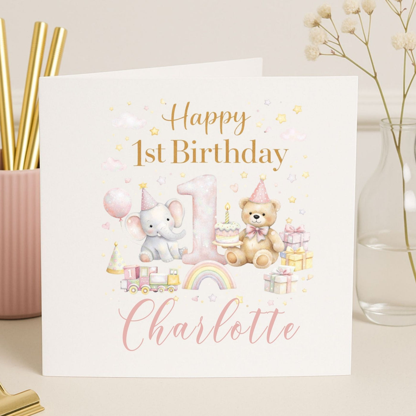 Personalized 1st Birthday Card with Teddy Bear & Elephant – Custom Name Baby Birthday Card
