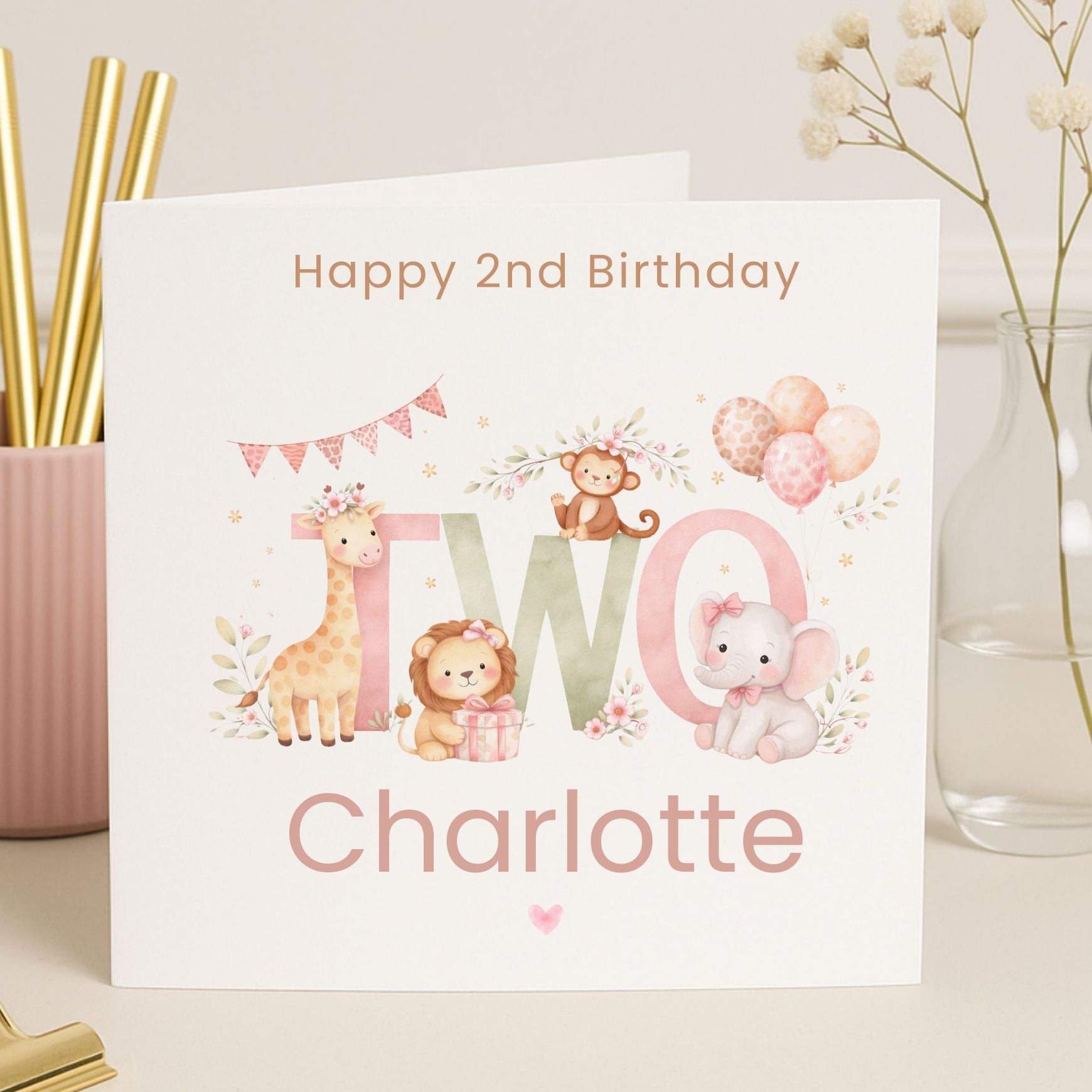 Personalised 2nd Birthday Card - Cute Animal TWO Design