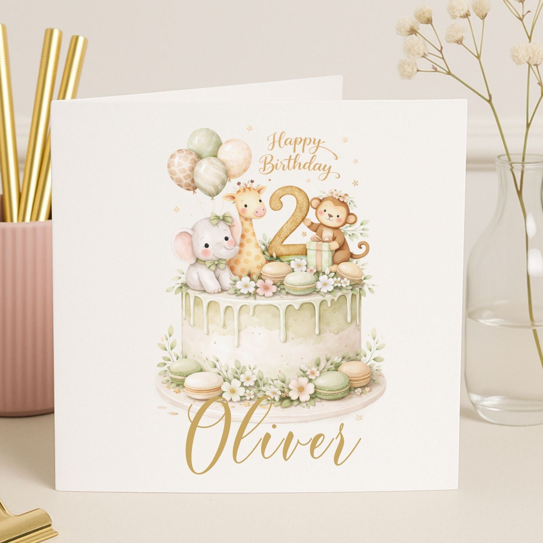 Personalised 2nd Birthday Card for Children – Cute Animal Cake Design