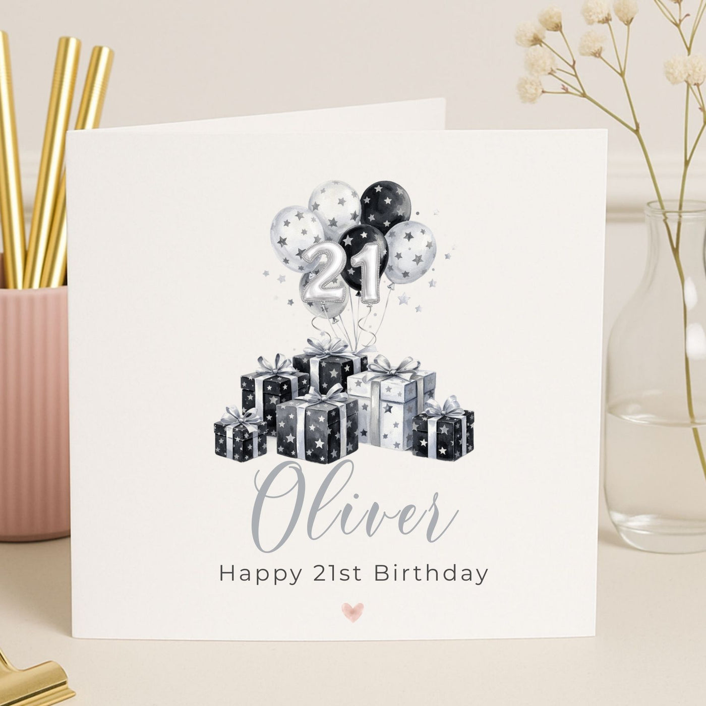 Personalised 21st Birthday Card with Name - Black and Silver Gifts and Baloons