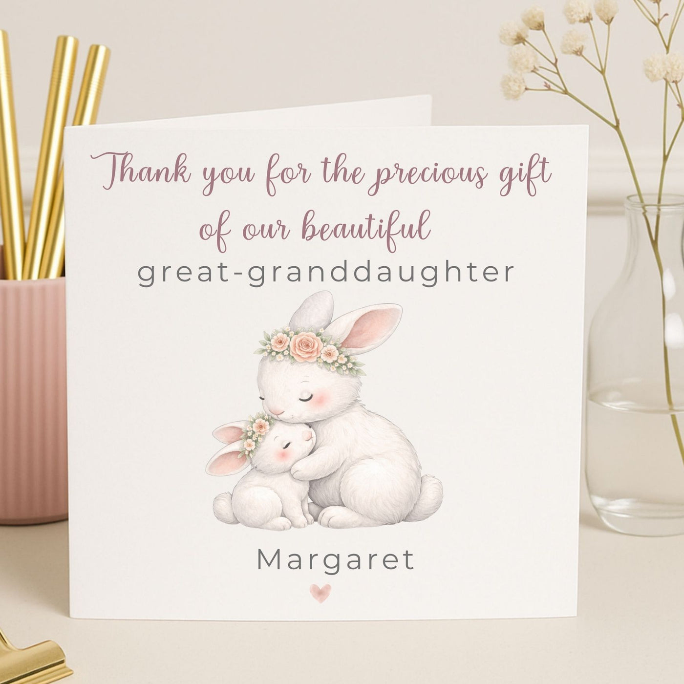 Personalised Great Granddaughter Thank You Card – New Baby Girl Bunny Card, Custom Name Newborn Keepsake, Baby Girl Greeting Card