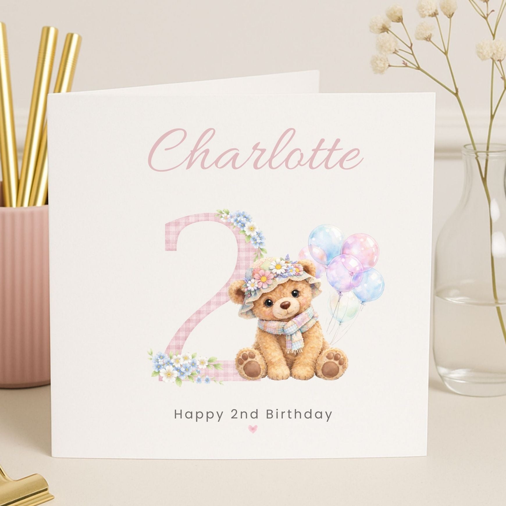 Personalised Birthday Card for Girls Ages 1–9 – Cute Teddy Bear Design