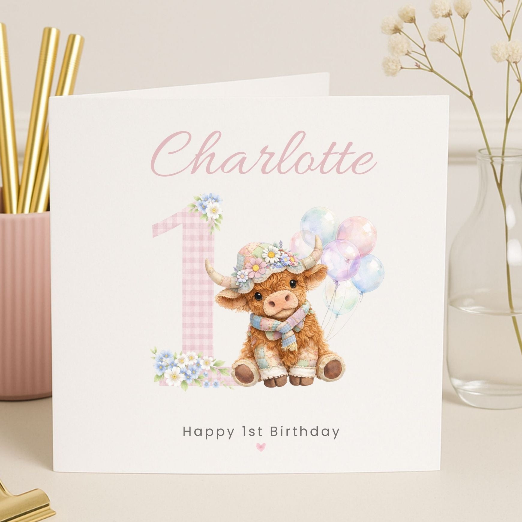 Personalised Birthday Card for Girls Ages 1–9 – Cute Calf, Custom Name