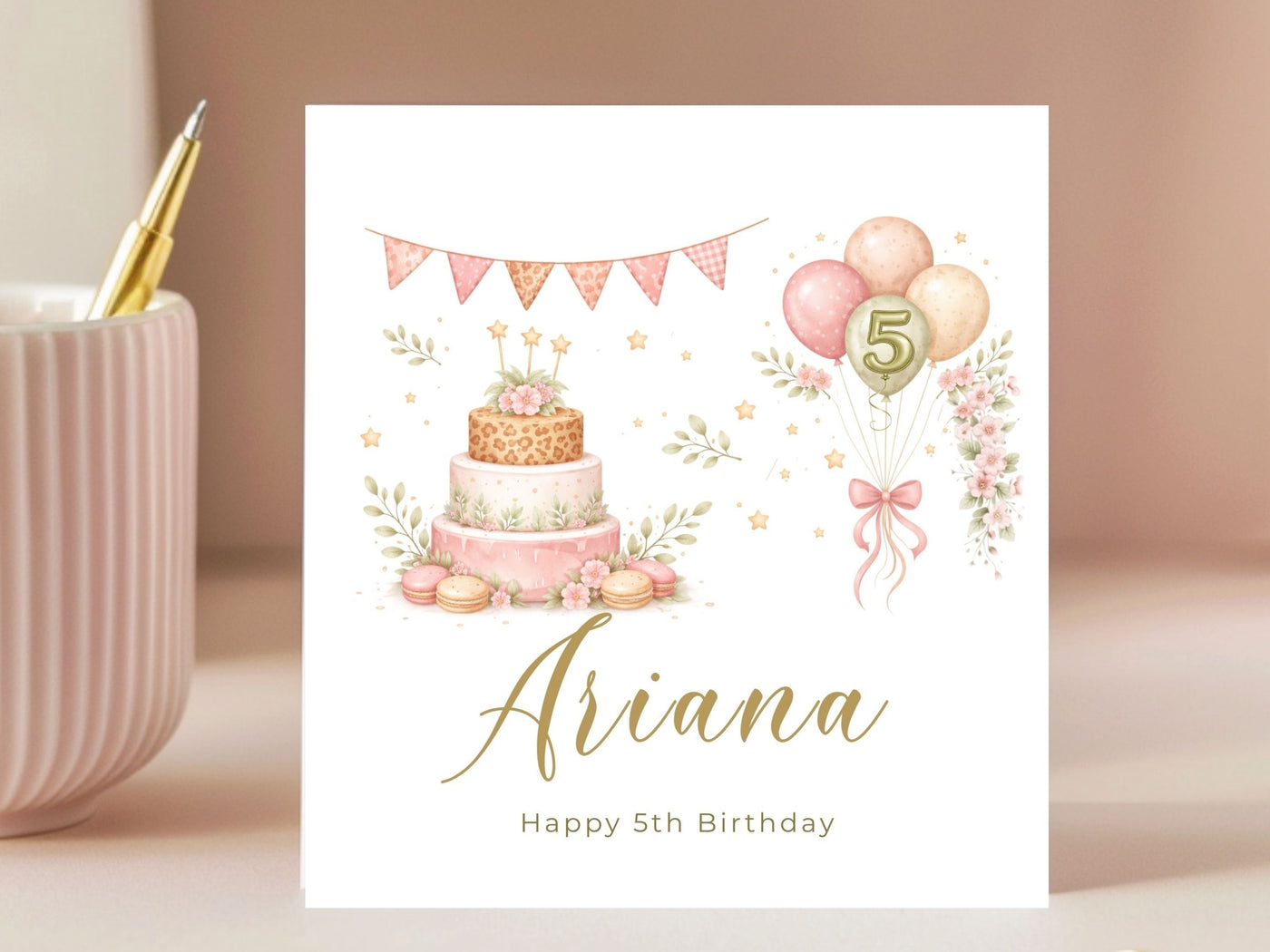 Personalised 5th Birthday Card for Girls | Cake & Balloons