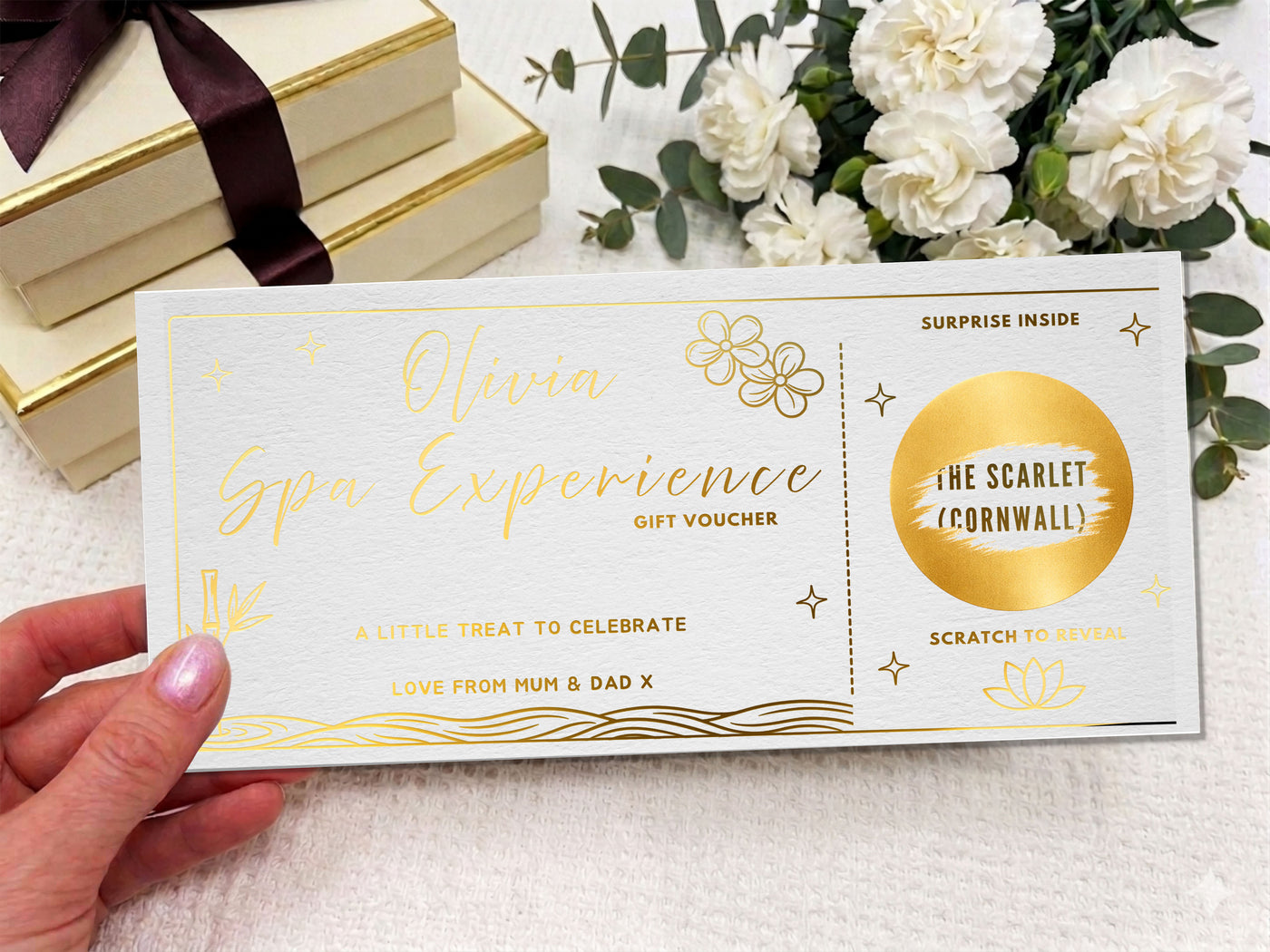 Personalised Minimalist Spa Scratch Card - Gold Line Art Wellness Reveal Voucher