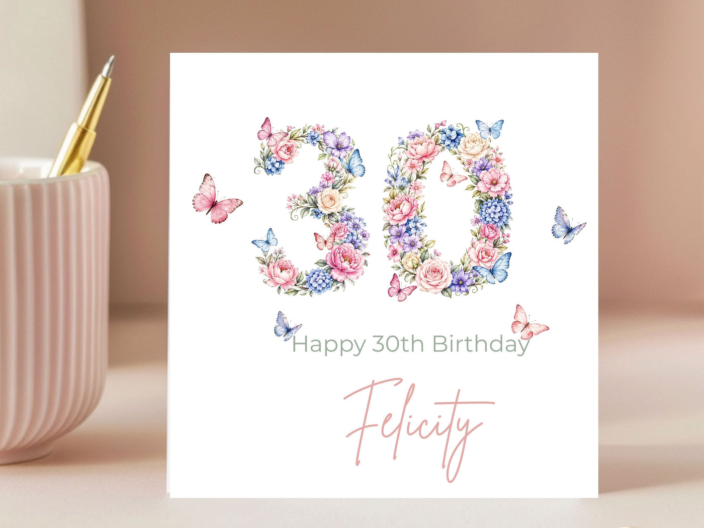 Personalised 30th Birthday Card for Her – Floral Number 30 with Butterflies, Custom Name Elegant Birthday Card
