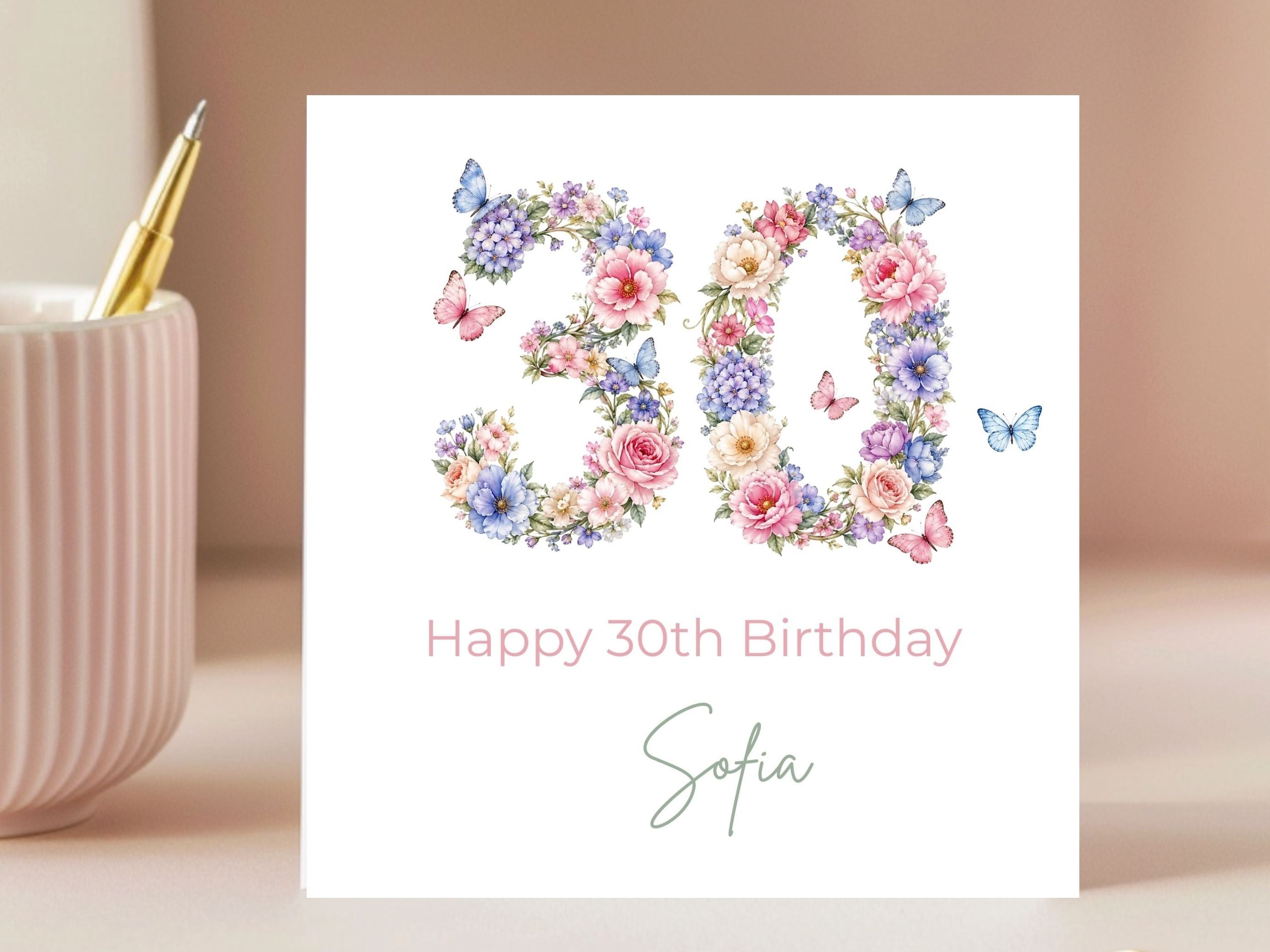 Personalised 30th Birthday Card for Her – Floral Number 30 Card with Butterflies, Custom Name Elegant Birthday Card