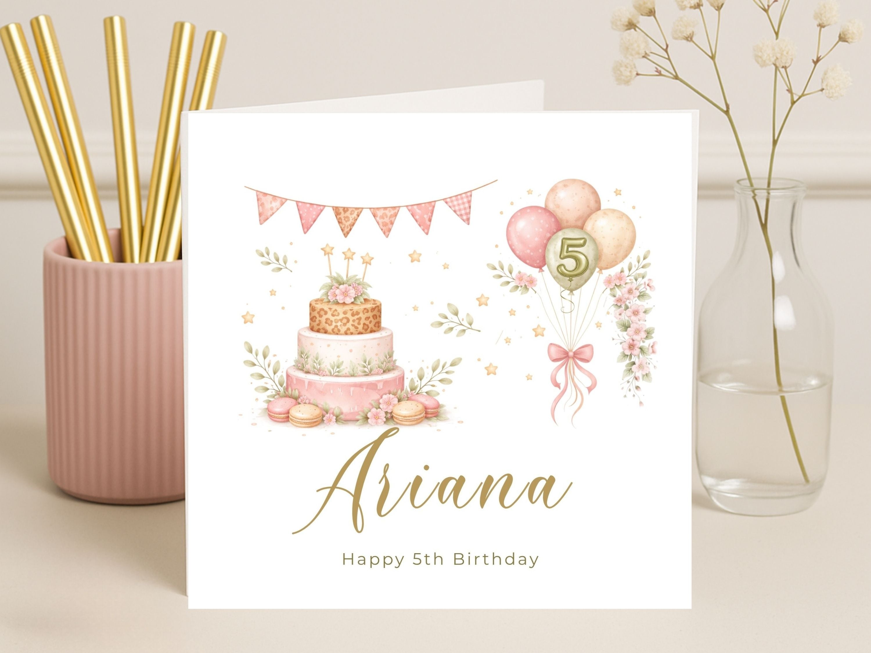 Personalised 5th Birthday Card for Girls | Cake & Balloons