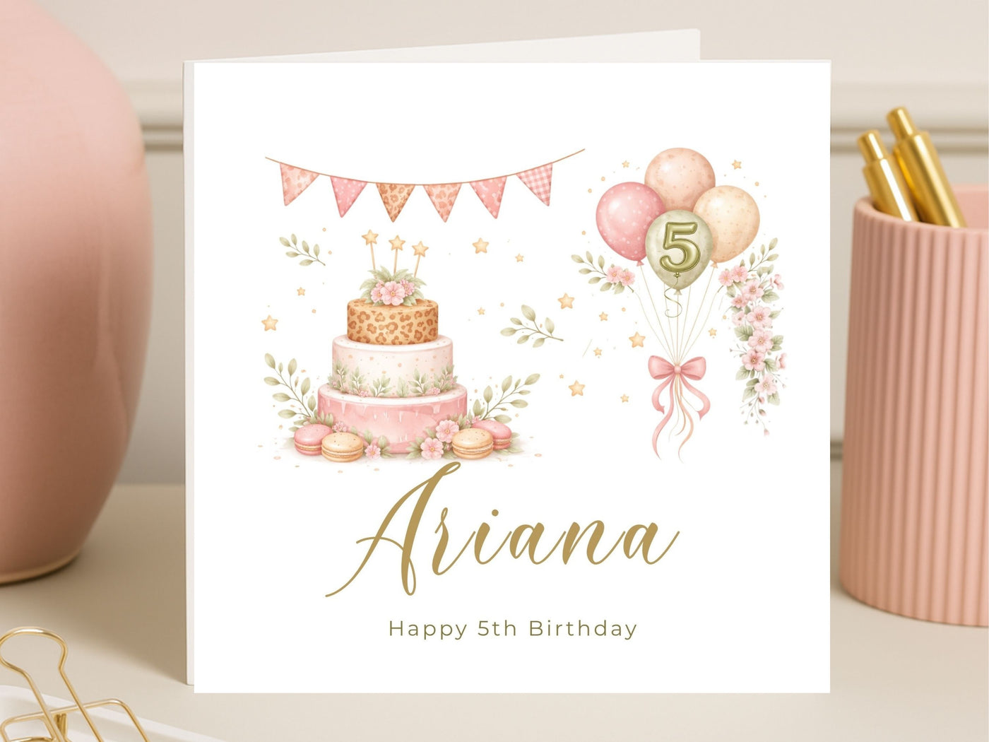 Personalised 5th Birthday Card for Girls | Cake & Balloons