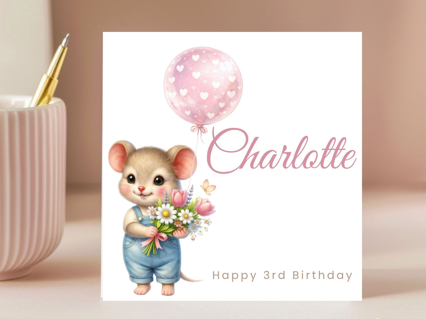 Personalised Birthday Card for Children (Ages 1–9) – Cute Mouse Birthday Illustration