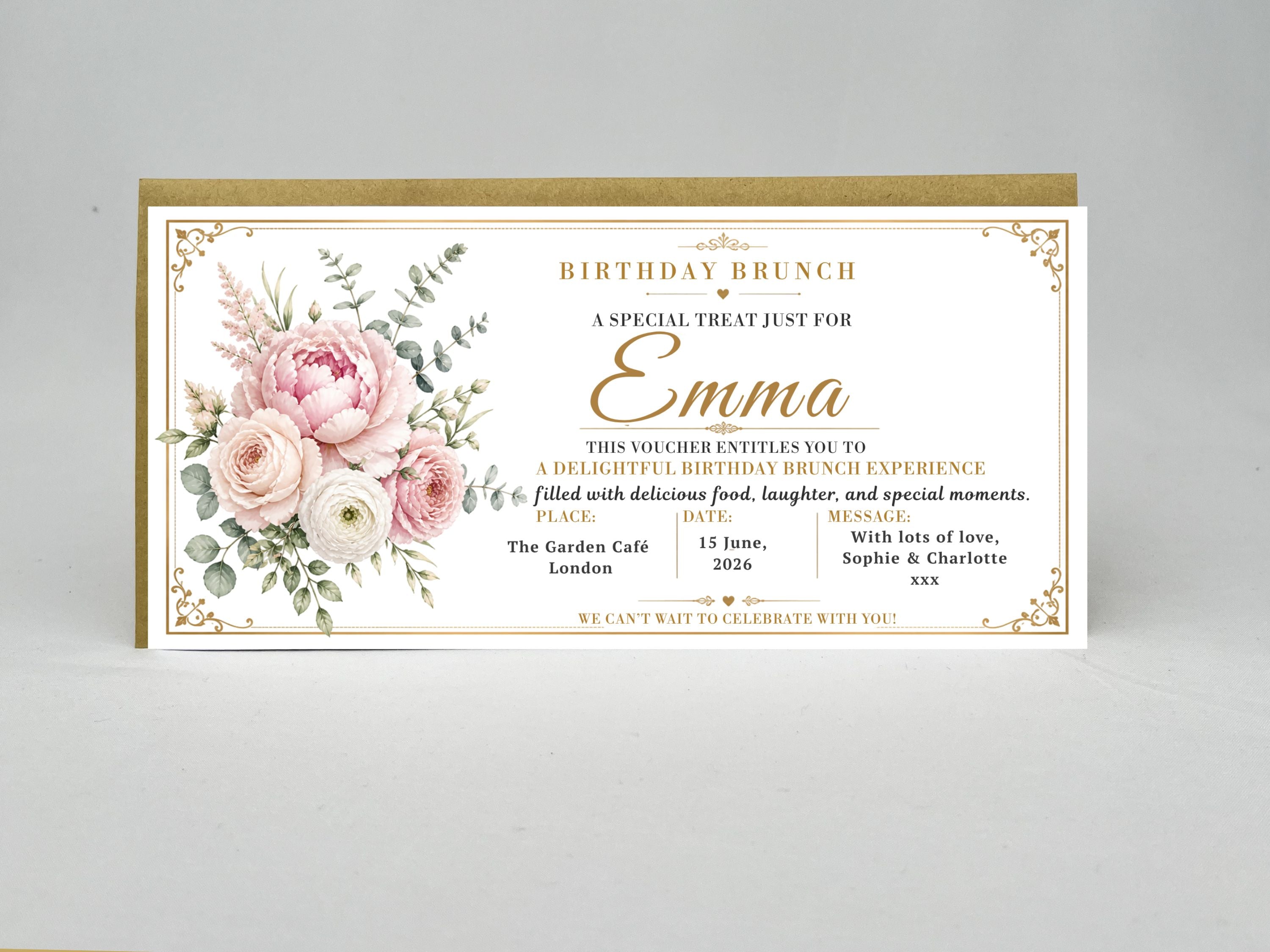 Personalised Birthday Brunch Voucher – Elegant Floral Peony Gift Card
