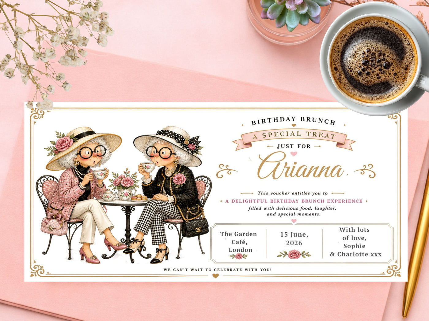 Personalised Birthday Brunch Voucher Card – Vintage Ladies Tea Party Design