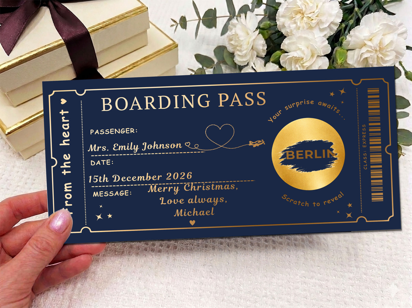 Personalised Boarding Pass Gift Card – Berlin Trip Voucher, Custom Christmas Travel Surprise