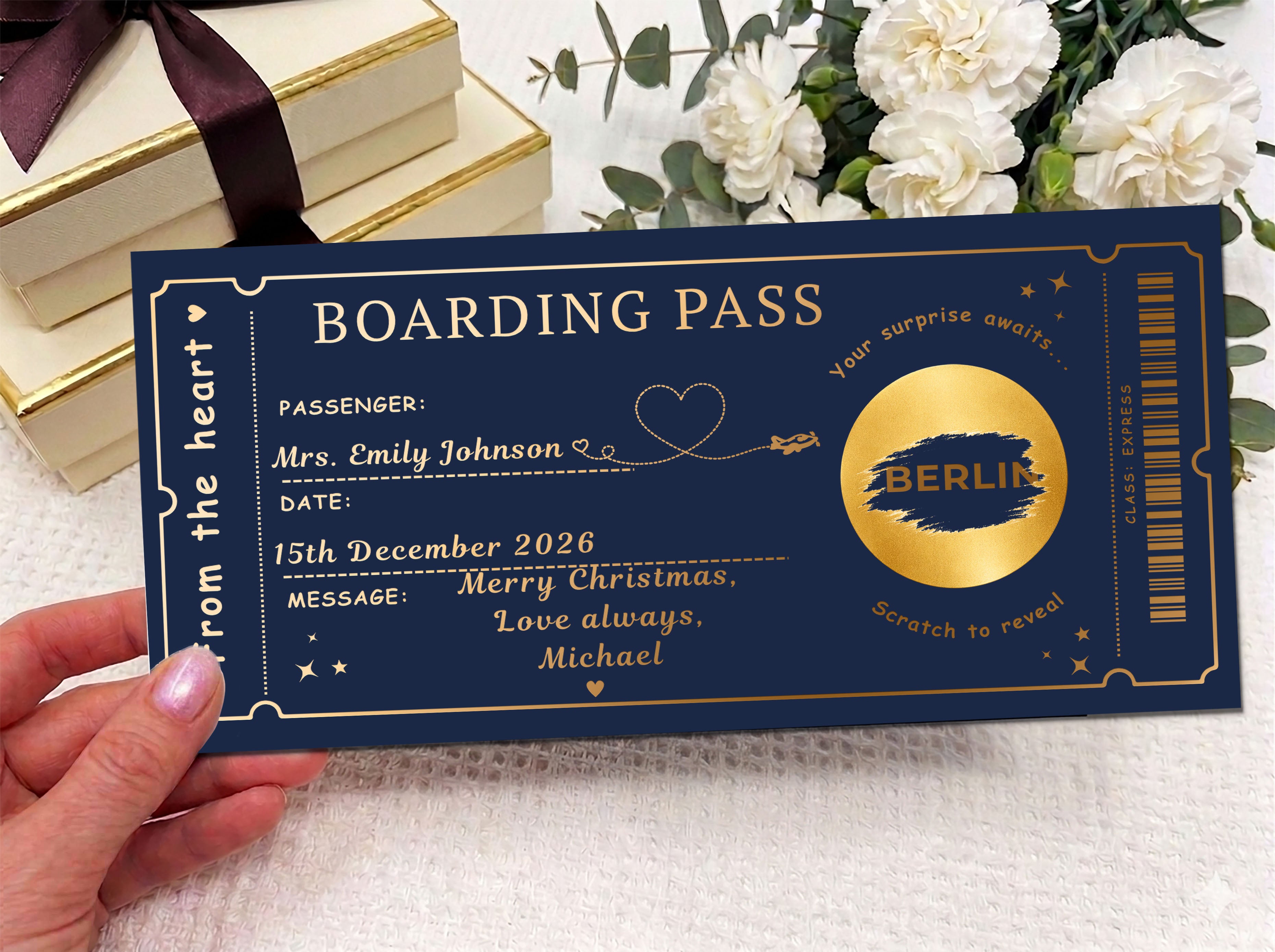 Personalised Boarding Pass Gift Card – Berlin Trip Voucher, Custom Christmas Travel Surprise