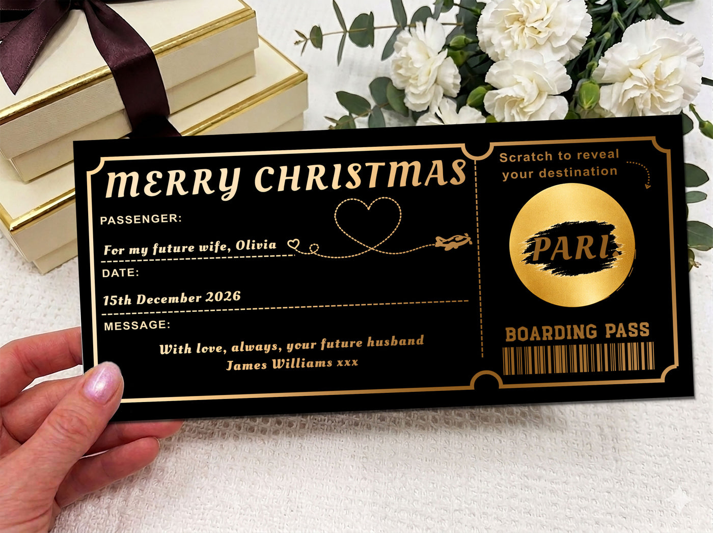 Personalised Paris Boarding Pass Gift – Luxury Scratch Reveal Travel Voucher