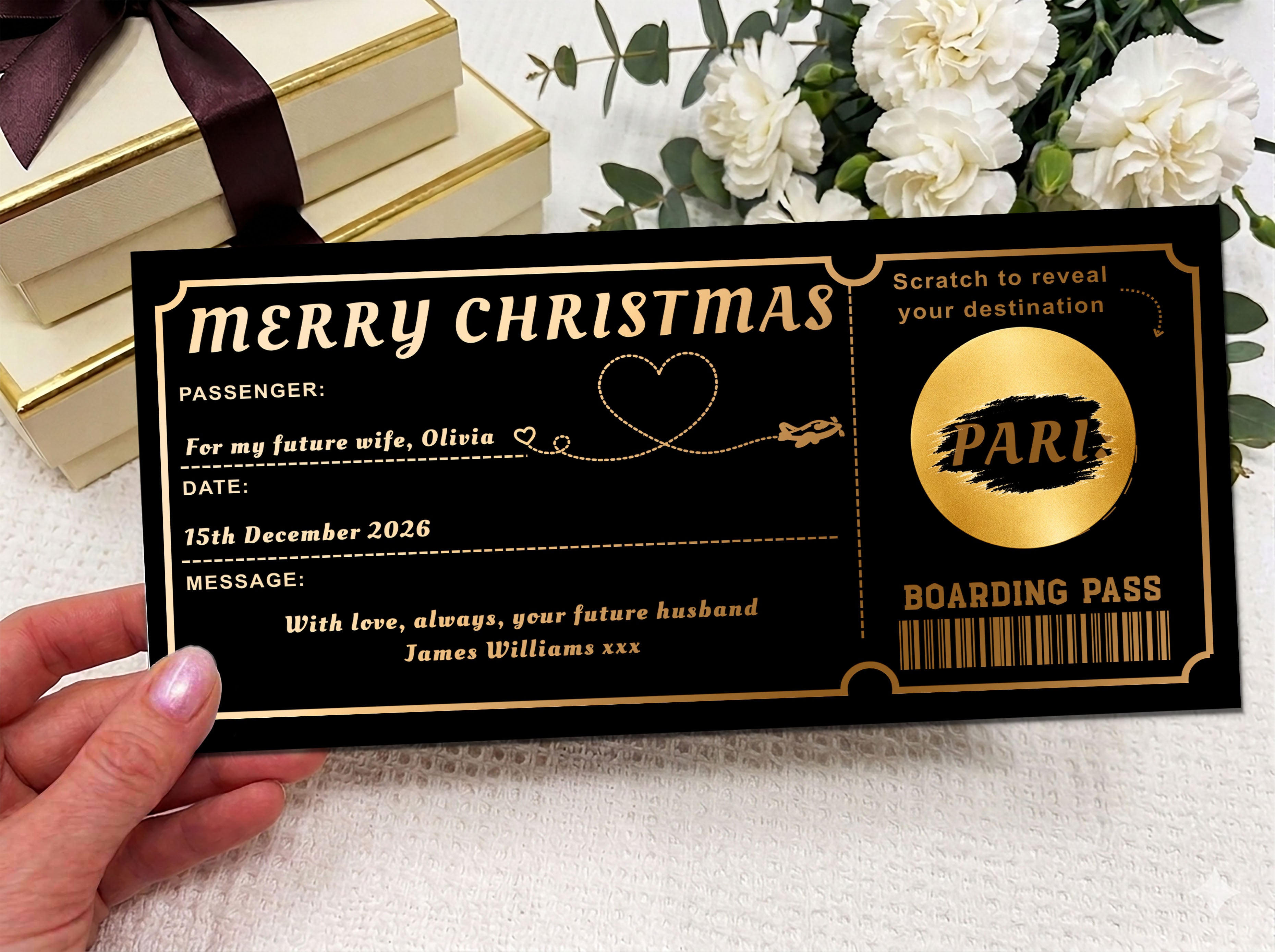 Personalised Paris Boarding Pass Gift – Luxury Scratch Reveal Travel Voucher