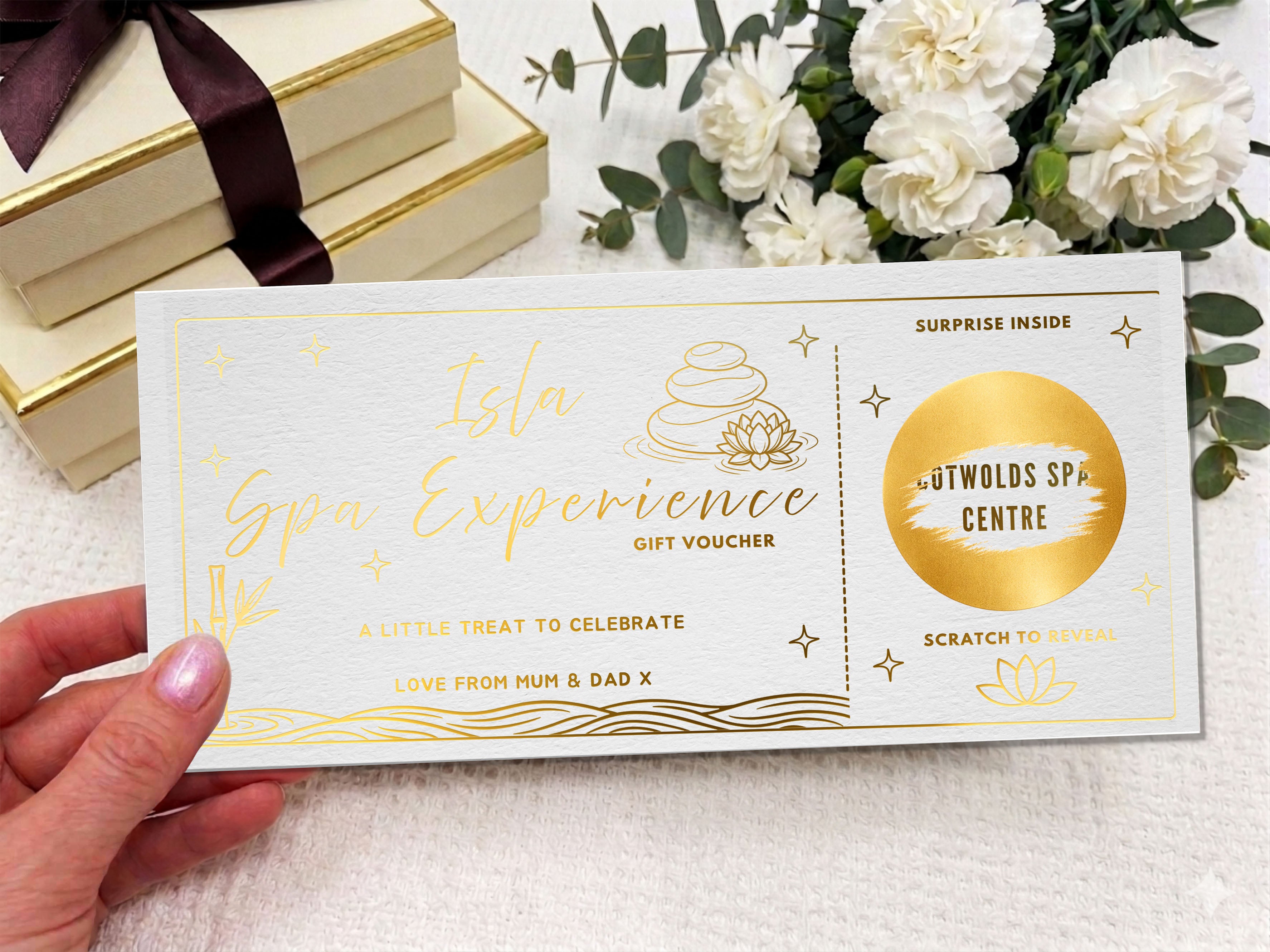 Personalised Spa & Wellness Gift Reveal Card - Luxury Gold Scratch-Off Experience Voucher