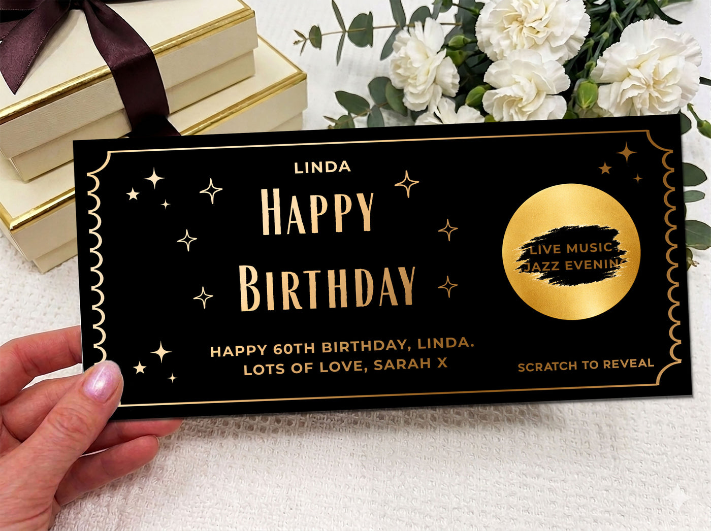 Personalised 60th Birthday Scratch & Reveal Gift Voucher - Elegant Gold Foil Gift Card