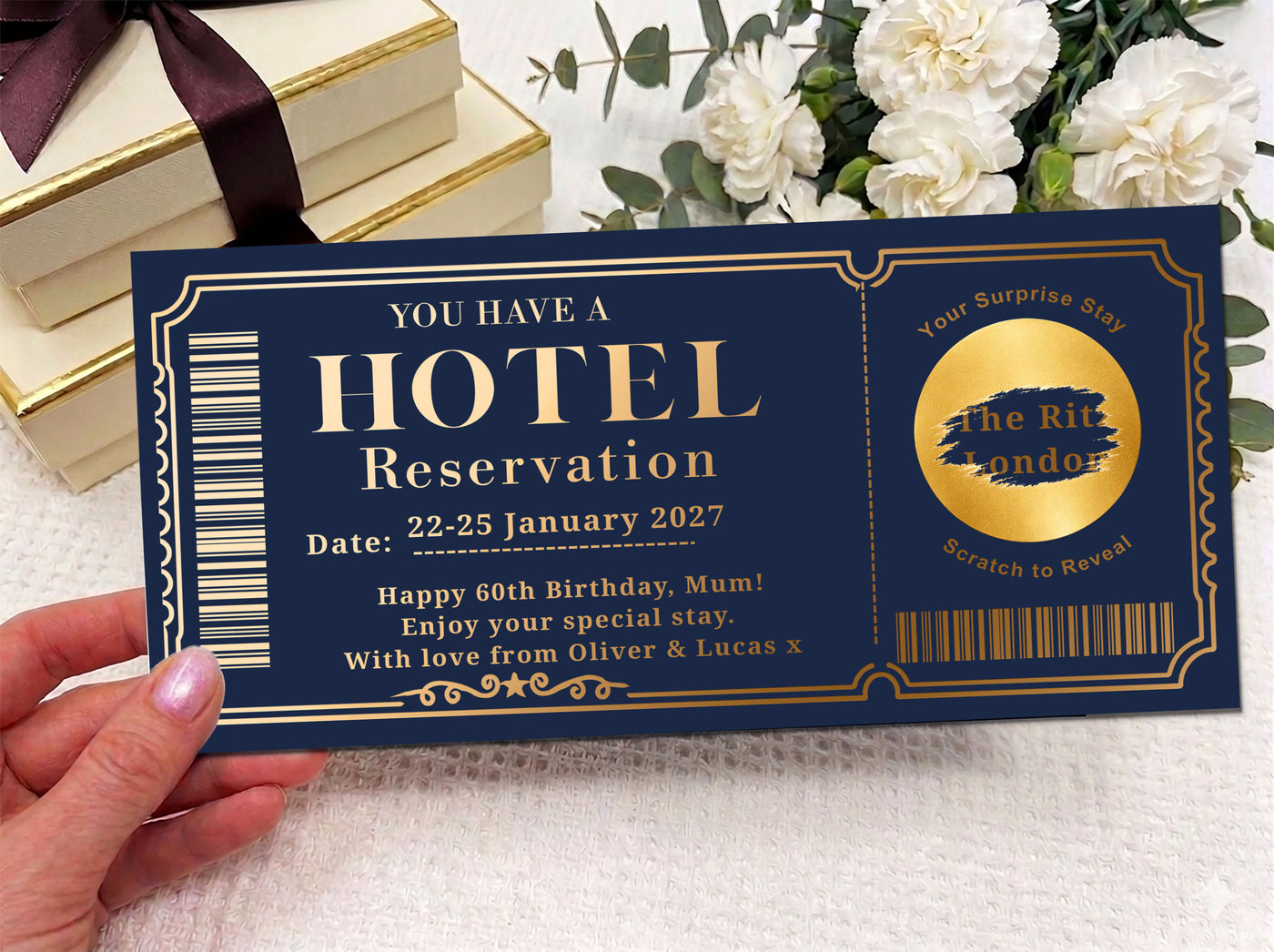 Personalised Hotel Stay Surprise Card, Scratch Off Travel Reveal Voucher, Luxury Birthday or Anniversary Gift