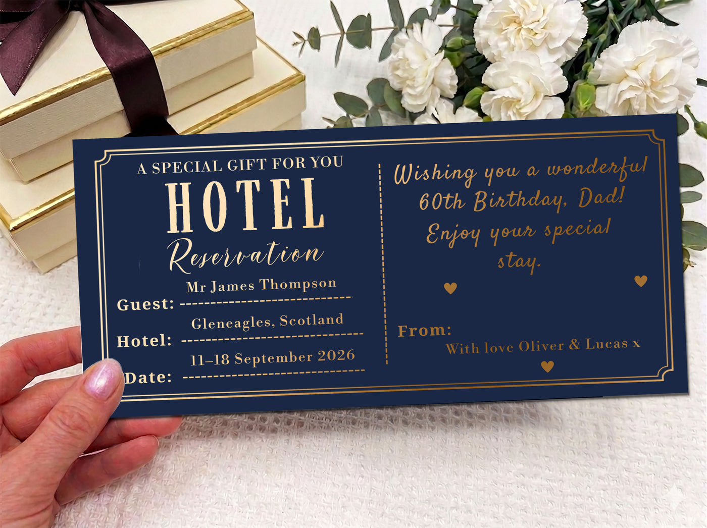 Personalised Hotel Stay Reservation Card, Luxury Travel Gift Voucher, Birthday or Anniversary Surprise