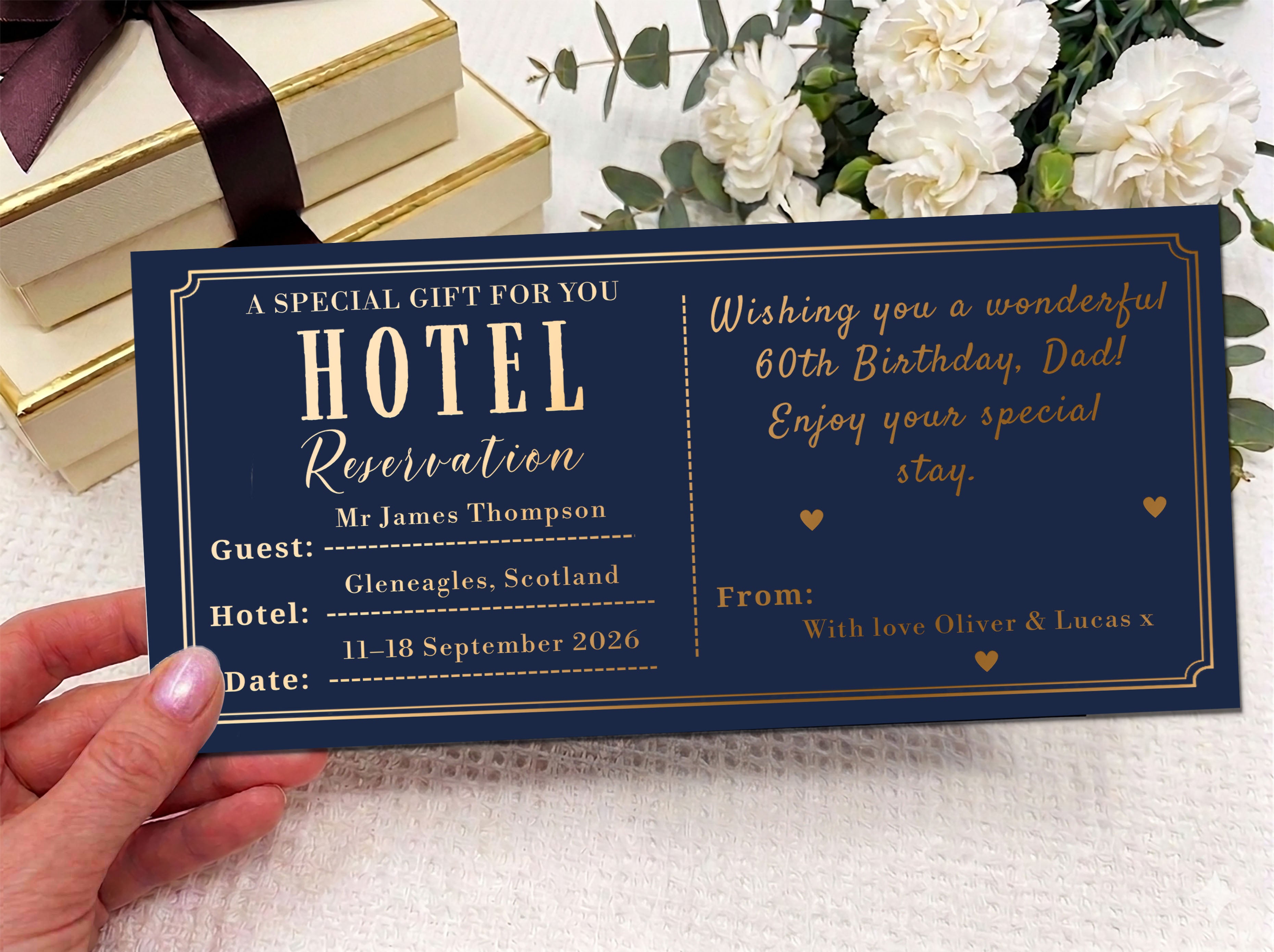 Personalised Hotel Stay Reservation Card, Luxury Travel Gift Voucher, Birthday or Anniversary Surprise