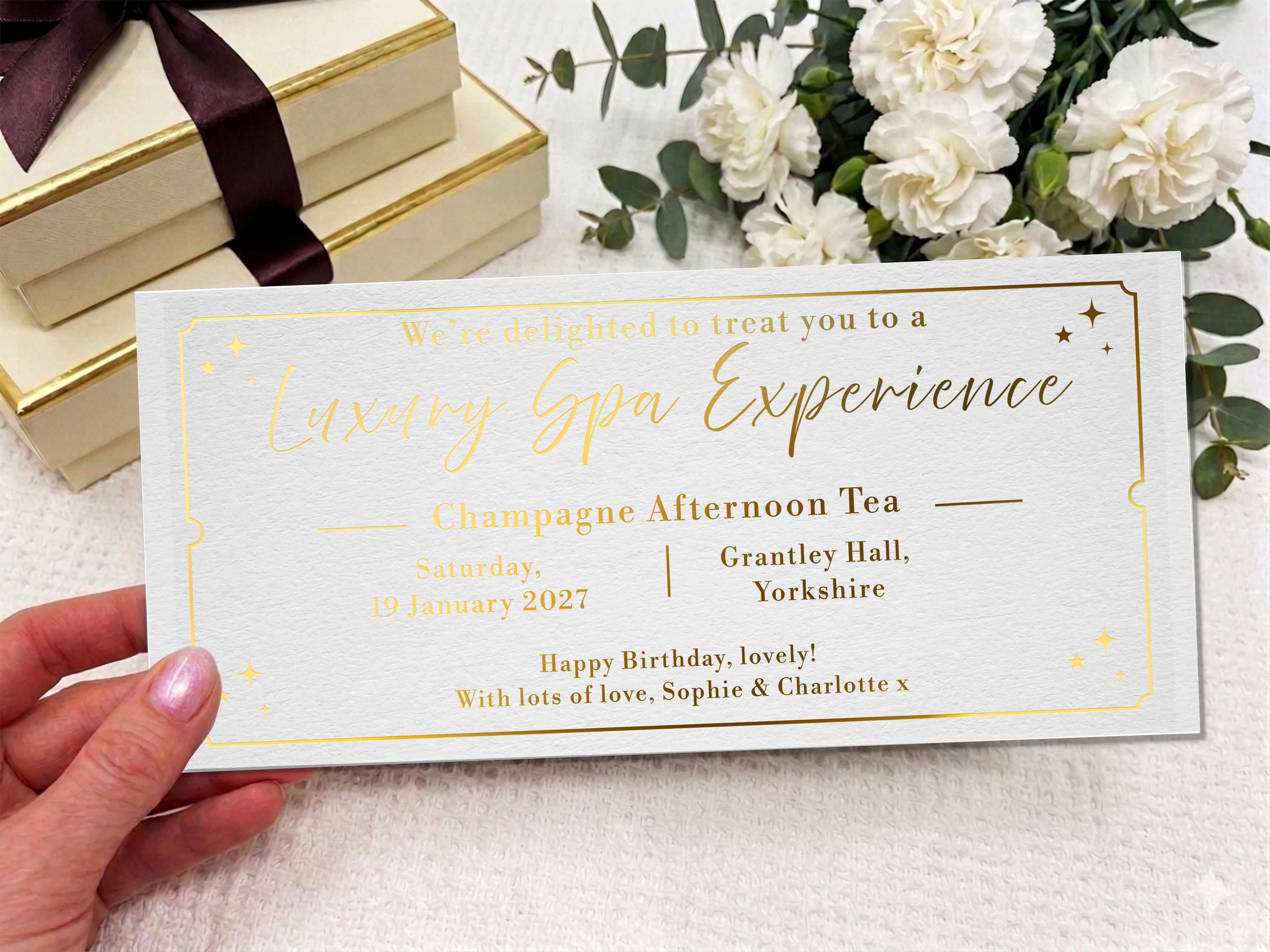 Luxury Spa Experience Gift Voucher, Personalised Afternoon Tea Invitation Card, Elegant Birthday Surprise Ticket UK