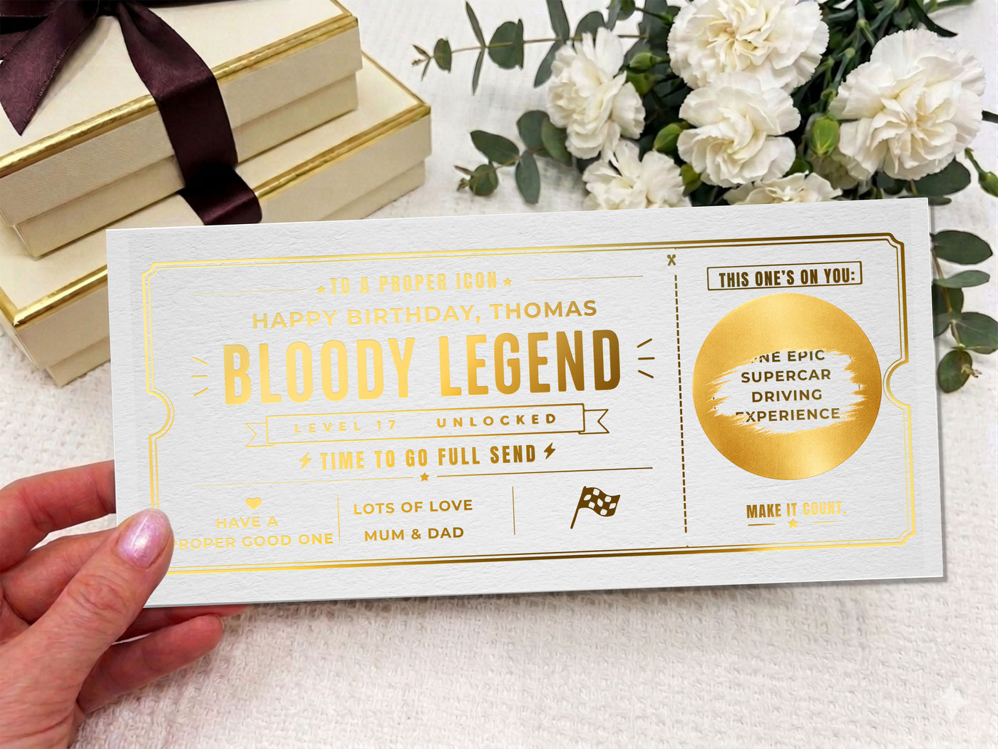 Personalised “Bloody Legend” Supercar Experience Voucher Card (Physical Gift)