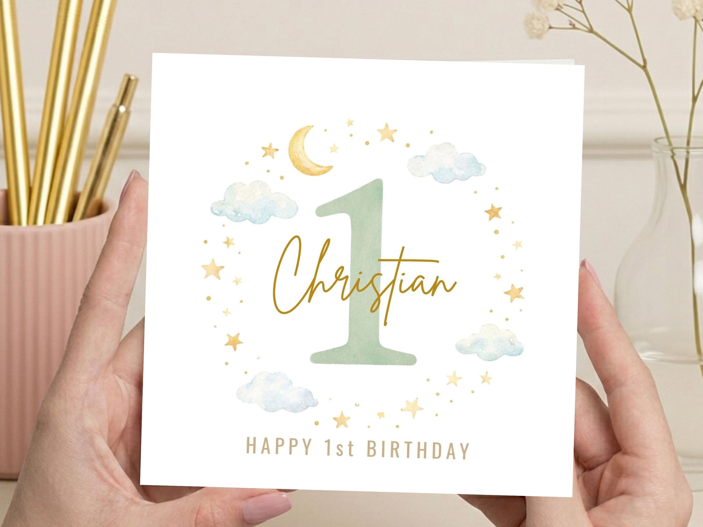 Personalised 1st Birthday Card Boy, Custom Name First Birthday Card, Cute Moon Stars Baby Card, 1 Year Old Birthday Card UK