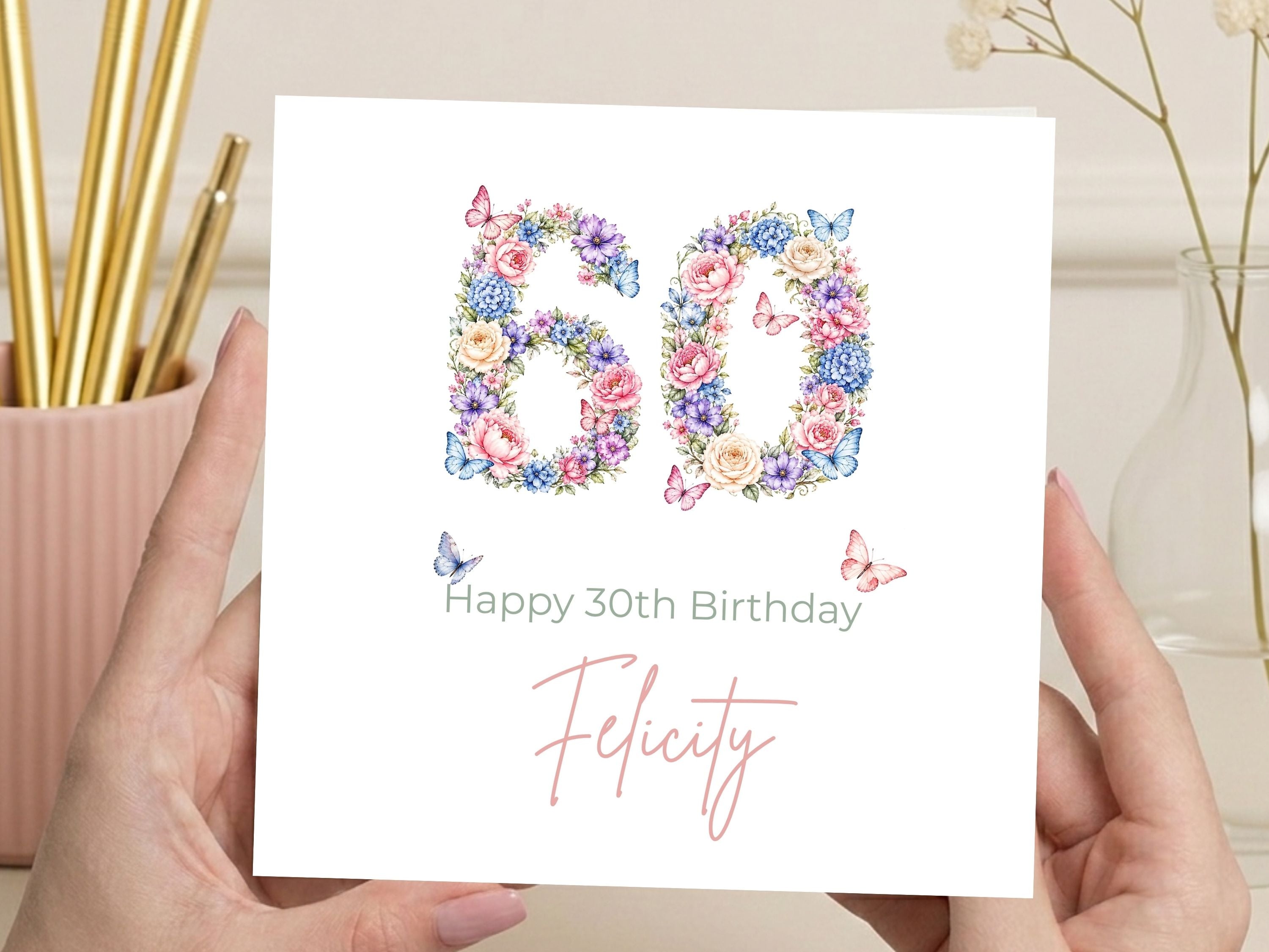 Personalised 60th Birthday Card for Her – Floral Number 60 with Butterflies, Custom Name Elegant Card