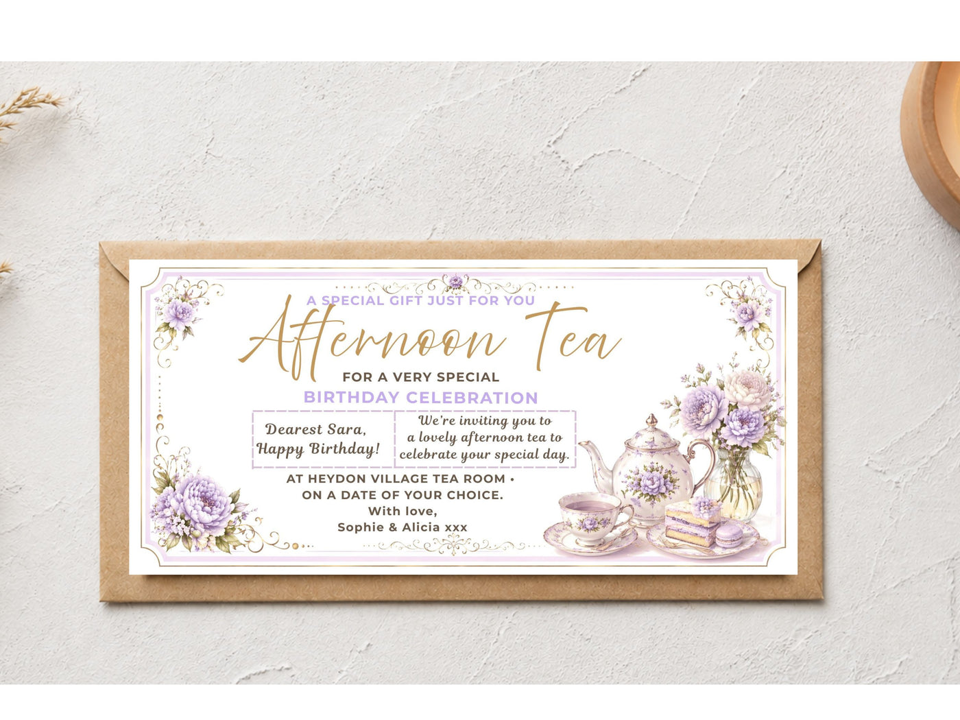 Personalised Afternoon Tea Birthday Voucher Card – Floral Design (Physical Card)