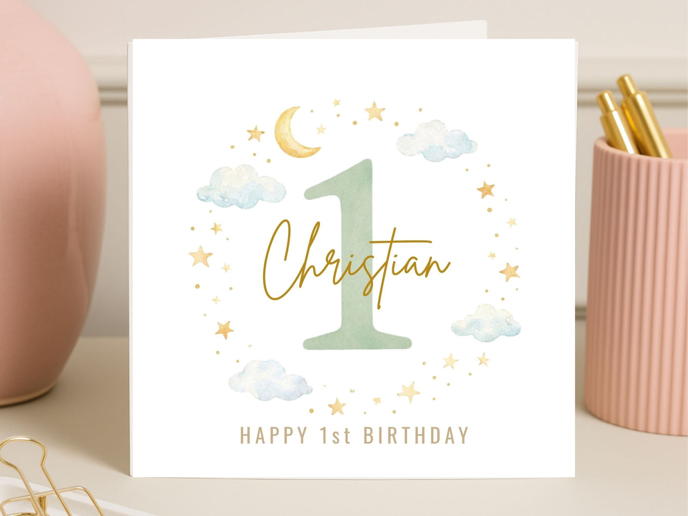 Personalised 1st Birthday Card Boy, Custom Name First Birthday Card, Cute Moon Stars Baby Card, 1 Year Old Birthday Card UK